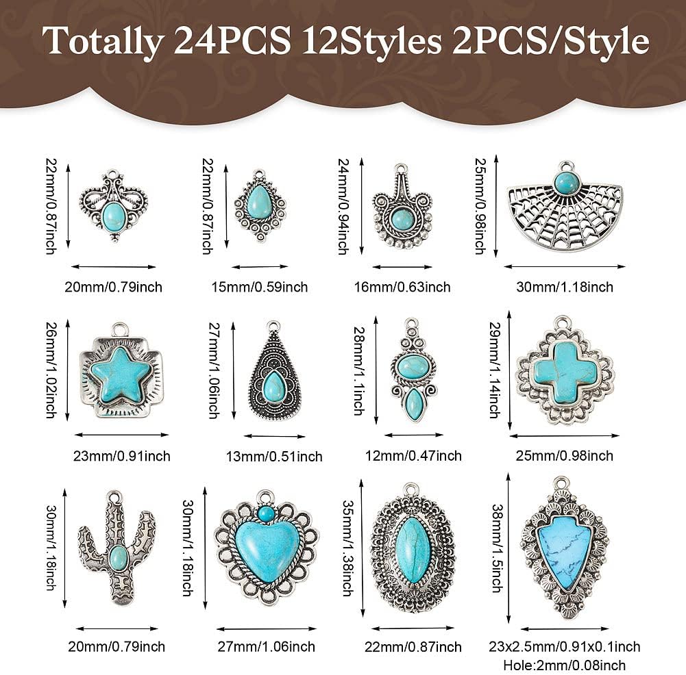PH PandaHall 24Pcs Western Jewelry for Women Earring Bohemian Turquoise 12 Styles Pendant Charm DIY Bracelet Necklace Making, # Sky Blue (FIND-TA0001-79-Yilisi) - Image 6