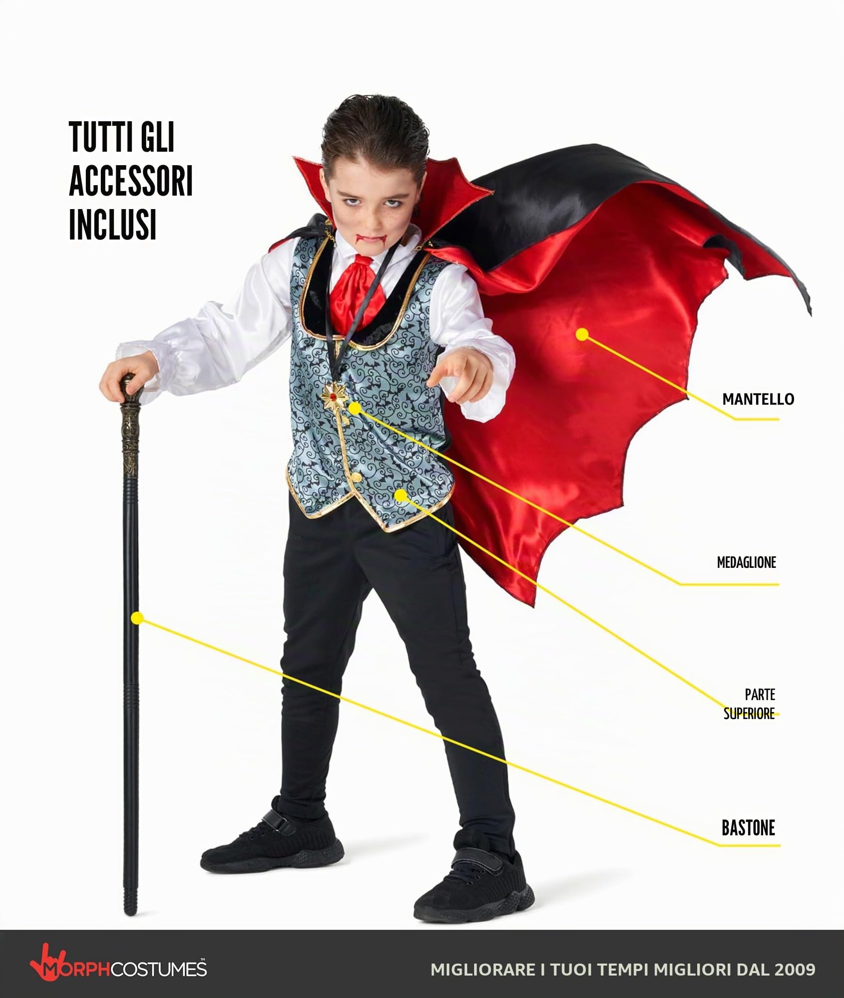 Morph Costume Vampiro Bambino, Costume Halloween Bambino | Panciotto con Camicia, Mantello, Bastone & Medaglione, Look Gotico, Perfetto per Halloween, Ideale per il Gioco di Ruolo