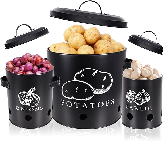 HOCHSTE Potato Storage Box [Set of 3] with 360° Air Circulation Keeps Vegetables Fresh Longer - The Ideal Way for Onion Storage Potato Storage and Garlic Storage | Kitchen Storage Set | Black Matt