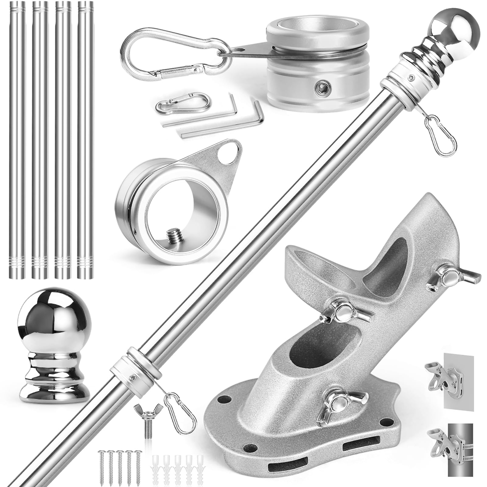 Photo 1 of Anovo Flag Pole Kit- Upgraded Holder, Stainless Steel 5 FT Flag Poles with1 Inch Metal 360° Rotating Flag Pole Rings Two-Position Flag Pole Bracket Mounting for Outside House Porch (5 FT-Sliver)