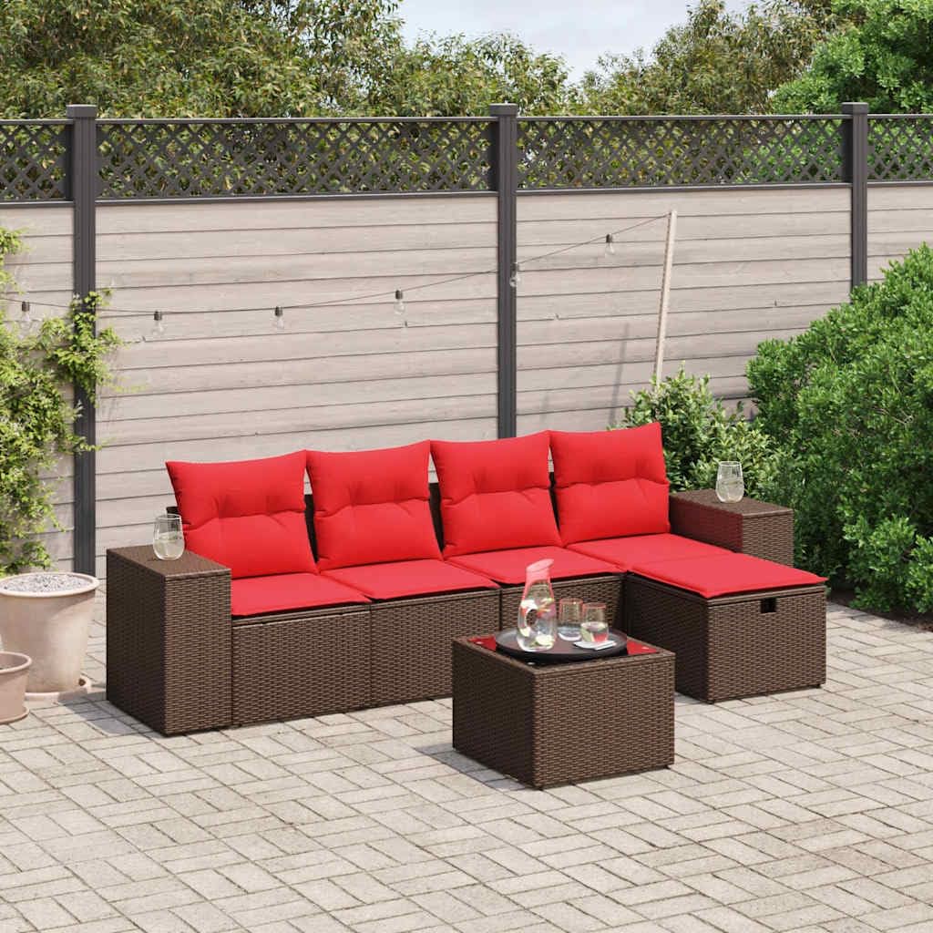 Juego de 6 sofás de jardín de polirratán marrón, modular con mesa de cristal y espacio de almacenamiento, incluye cojines de asiento y cojines de respaldo para terraza y exterior