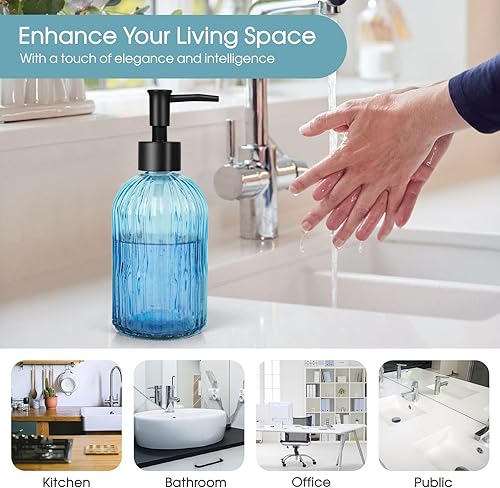 Miniatura 6 de Paquete de 2 dispensadores de jabón de vidrio a rayas con bomba de plástico negro, dispensador de jabón líquido de manos de 13.5 fl oz, bomba a