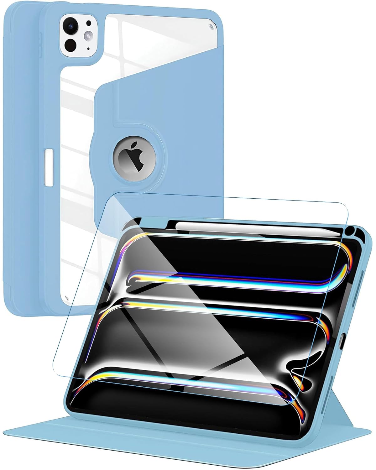eller santé® 2IN1 Combo Back Flip Stand Cover Case + Tempered Glass for iPad Pro 11 inch (M4) 360 Degree Pencil Holder Free-Angle Viewing with Adjustable Stand Auto Wake/Sleep- Sky Blue