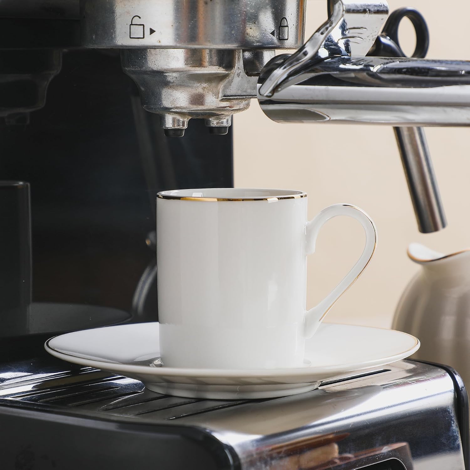 White Porcelain 8-Piece Espresso Cup Set - 3.3oz Demitasse Cups and Saucers Set, Elegant design with gold trim, Perfect for Espresso, Turkish Coffee, and Dessert Drinks, Gifts