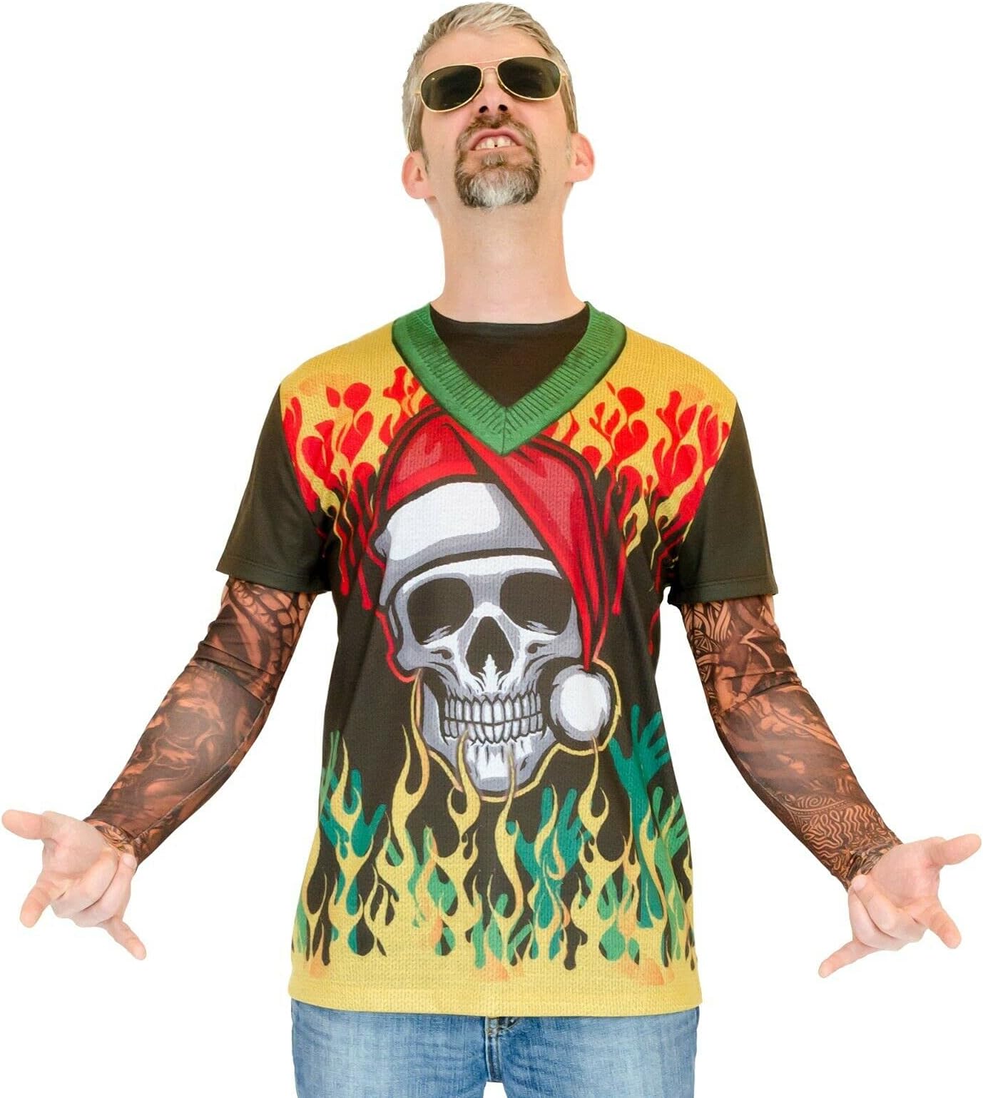 Faux RealMen's Heavy Metal X-Mas Vest with Tattoos T-Shirt and Long Mesh Sleeves