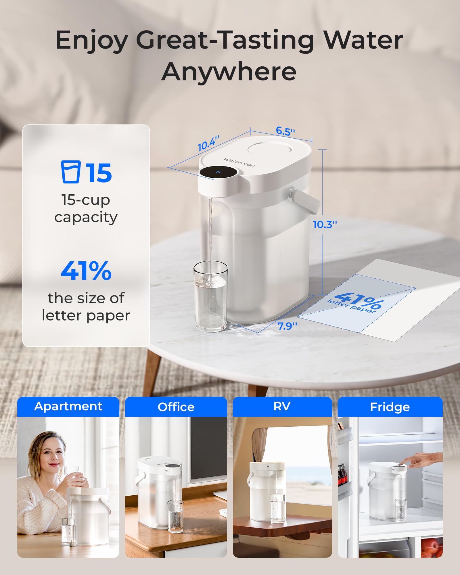 Waterdrop Alkaliczny filtr do wody, możliwość ponownego ładowania, 3,5 l, 6-stopniowy, elektryczny dzbanek na wodę, zdrowa mineralizowana woda alkaliczna, przenośny blat filtrujący wodę, nie redukuje