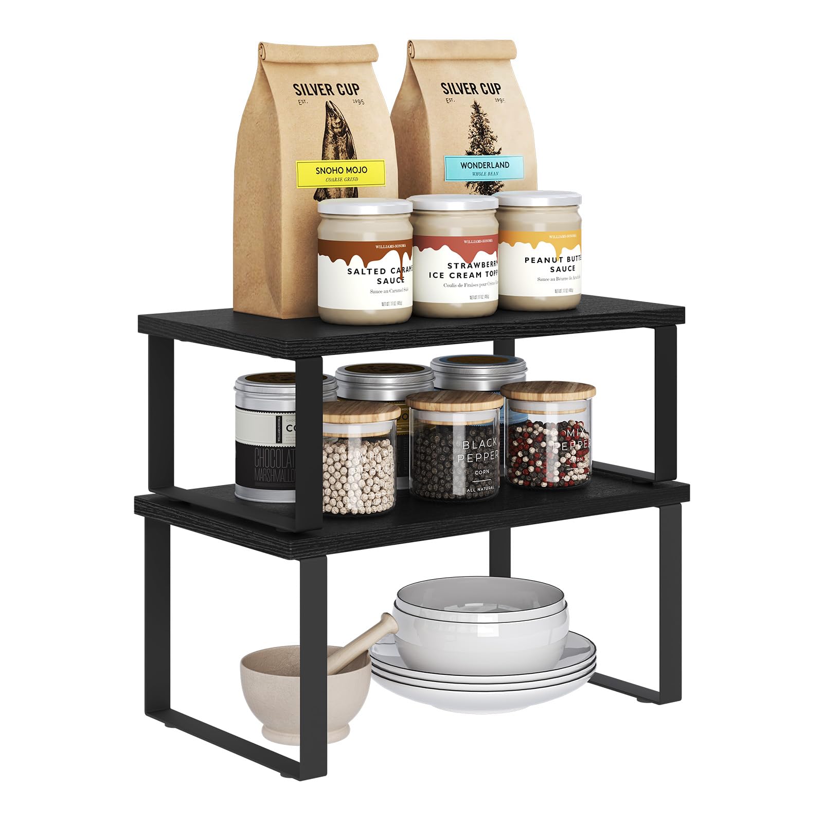 WOLTU Set di 2 Scaffali da Cucina, Porta Spezie Impilabili, Organizer da Cucina in MDF, Scaffali Indipendenti per Armadietti, 34x19,5x15,5+34x18,5x12,5 cm, Nero
