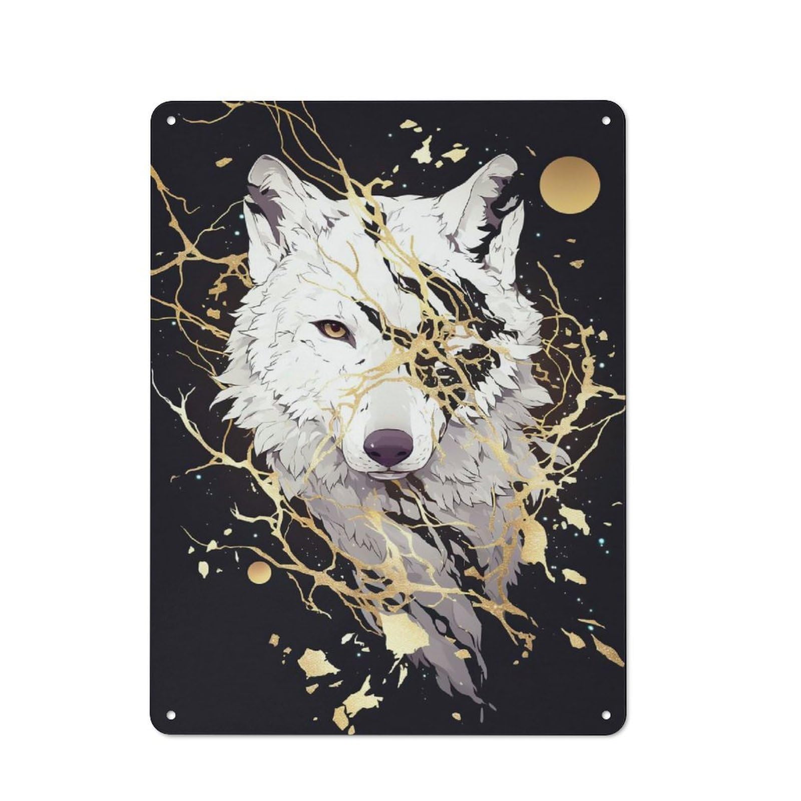 Junmoney Style-4 Metal Wall Sign 40X30cm Featuring White Wolf With Golden Accents For Café Or Home Bar, For Collectors Decorating Cafés And Home Bars