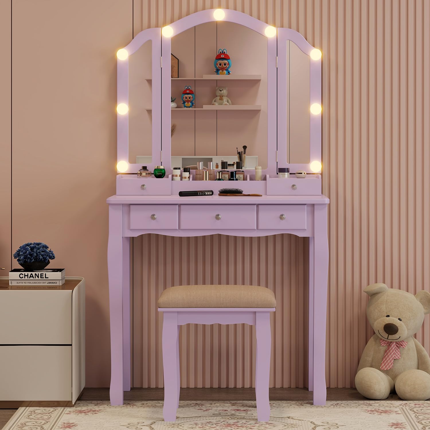 dressing table purple Amazon.com: Longtesun Purple Vanity Desk with Mirror and Lights Purple  Vanity for Girls Makeup Vanity Desk with Lights Vanity Table with Lighted  Mirror Make Up Vanity Desk with Drawers and Chair Set :