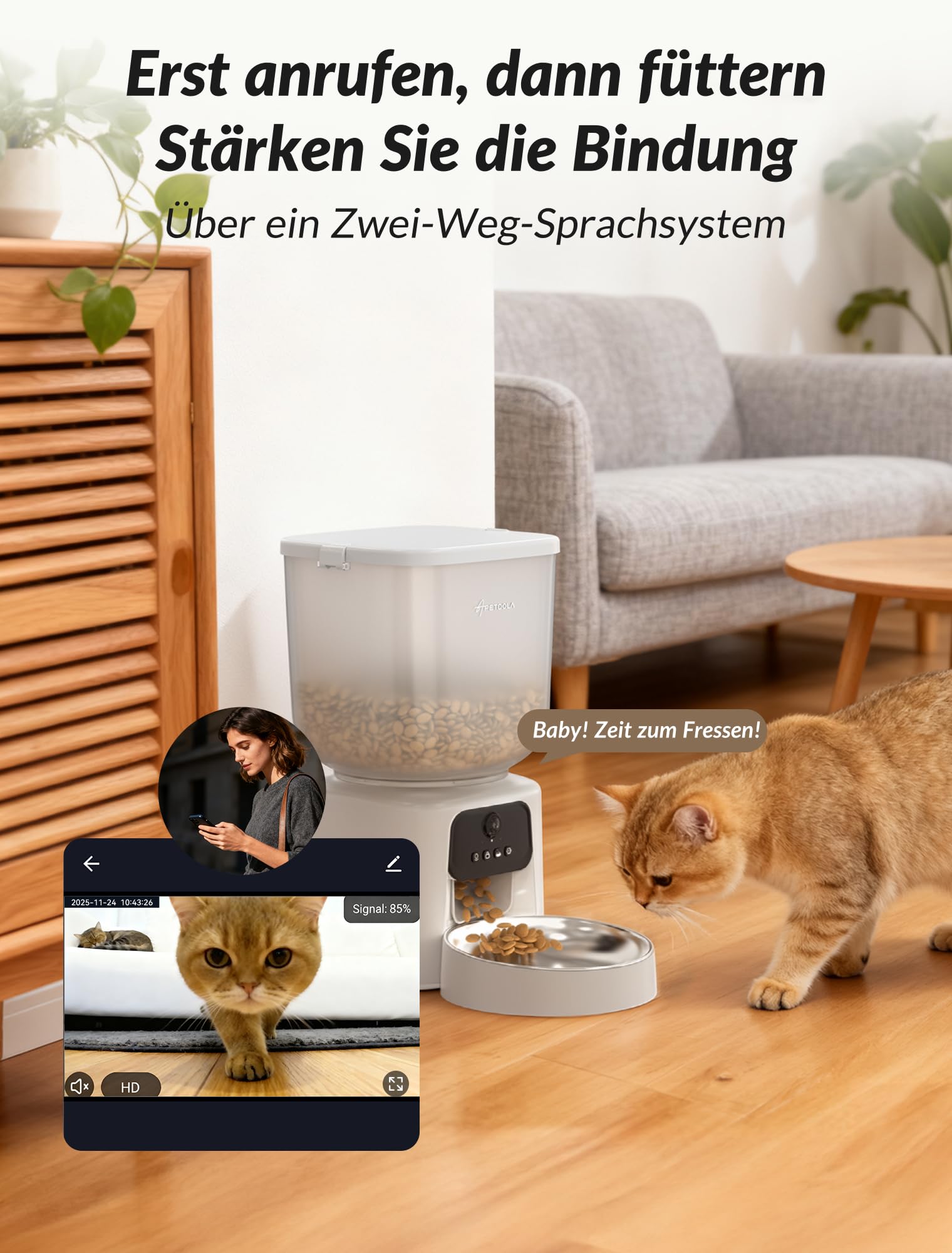 Futterautomat Katze Mit Kamera, KI Futterautomat Katze, 5L Katzen Futterautomaten, 1–6 Mahlzeiten für Katzen und kleine, mittelgroße