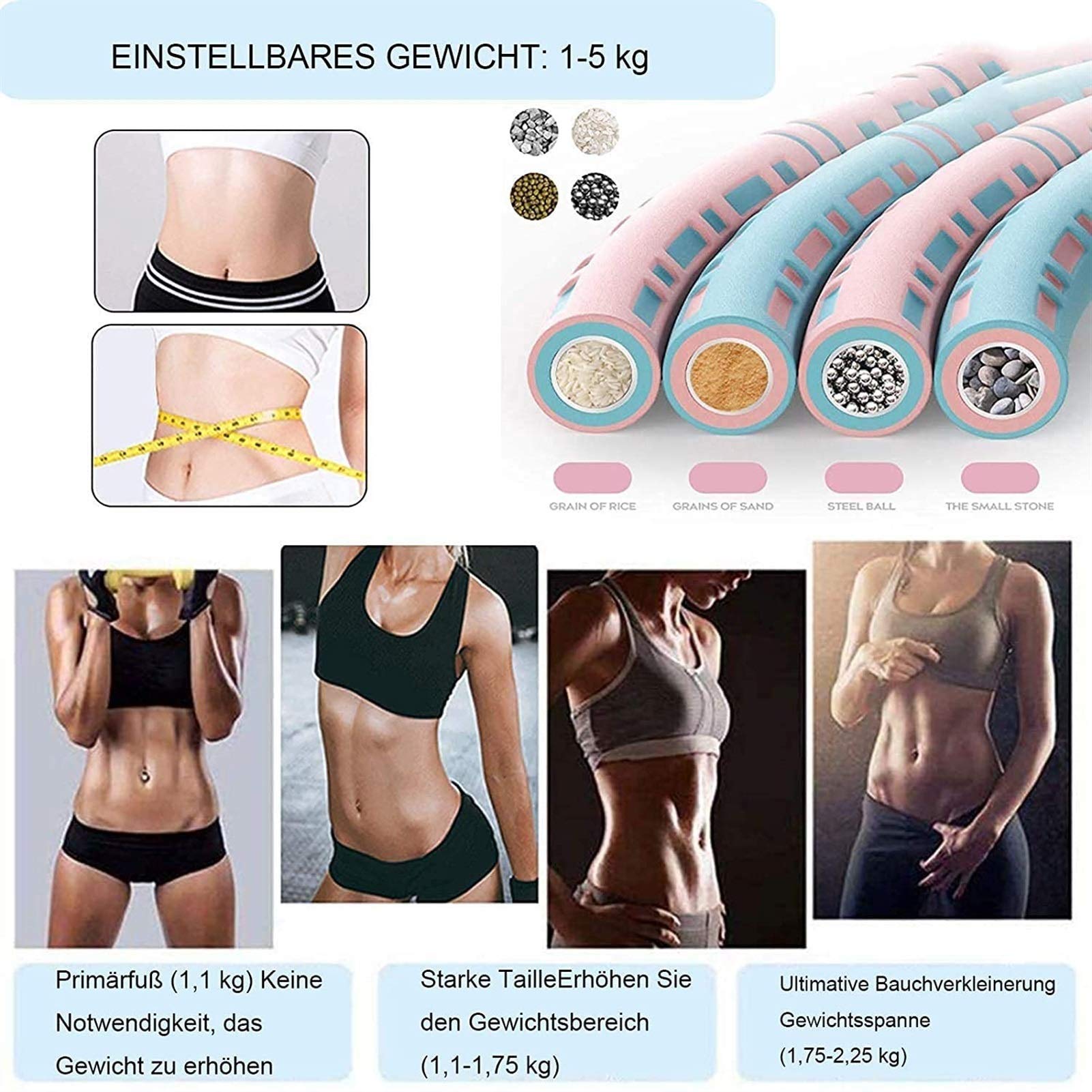 Hula Hoop Reifen Erwachsene, Hula Hoop Einstellbar 1-5 Kg Gewichten, 6 Abschnitte Abnehmbar Edelstahlschlauch Und Schaum Hoola Hup Reifen Fitness Für Anfänger