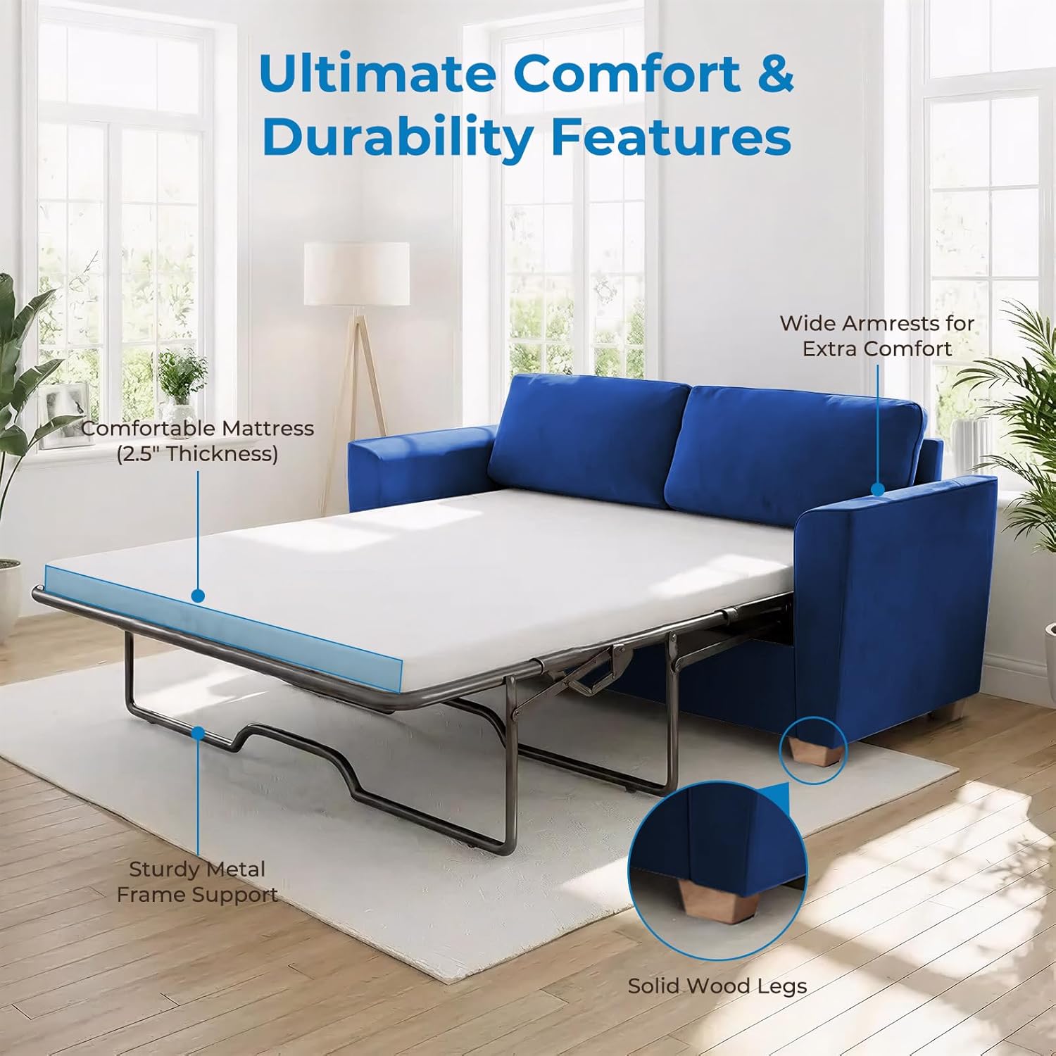 Mjkone Full Size Pull Out Sleeper Sofa Bed 71" W with Memory Foam Pillows and Mattress, Convertible 2-in-1 Loveseat Sofa Sleeper Couch with Pullout Beds for Living Room Apartment Small Spaces, Blue