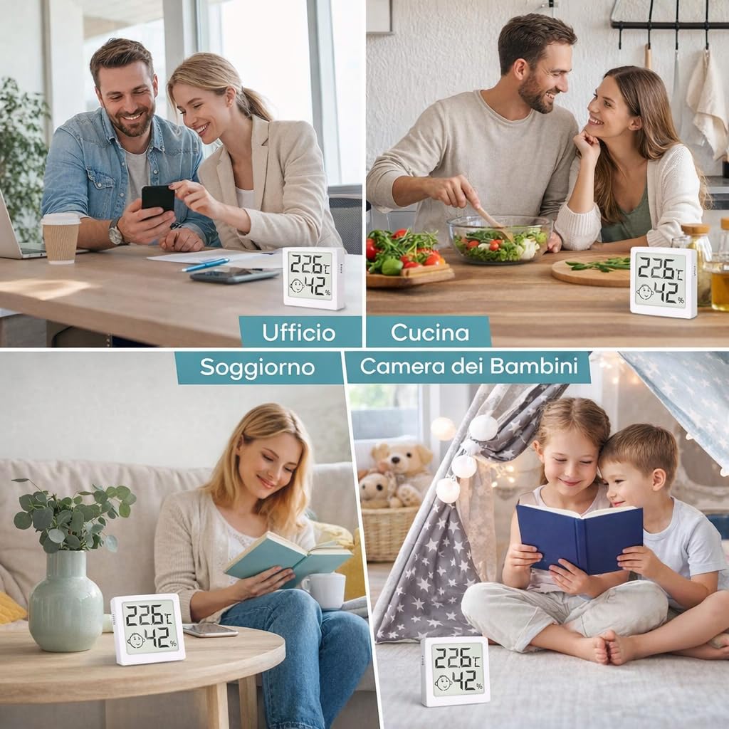 Igrometro Digitale per Interni, Mini Termometro Ambiente con Monitor Temperatura e Umidità, Indicatore Comfort, per Casa, Ufficio, Camera da Letto e Cucina