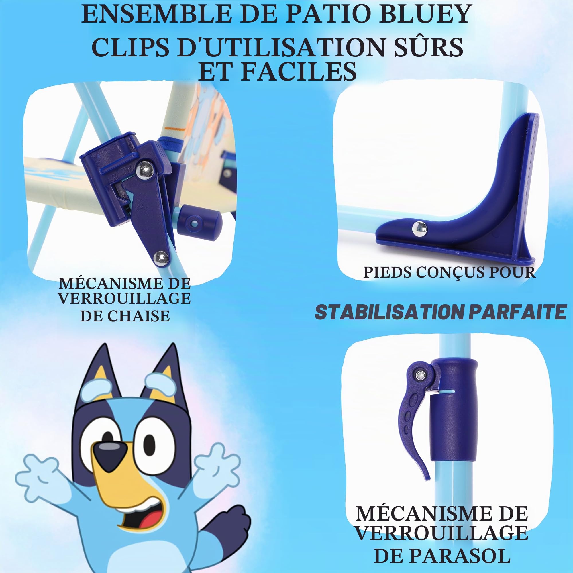 Toyland® Bluey & Bingo Ensemble Table et chaises de Patio – 1 Table, 2 chaises et 1 Parasol – Mobilier d'intérieur et d'extérieur pour Enfants – Parfait pour la Plage et Le Jardin