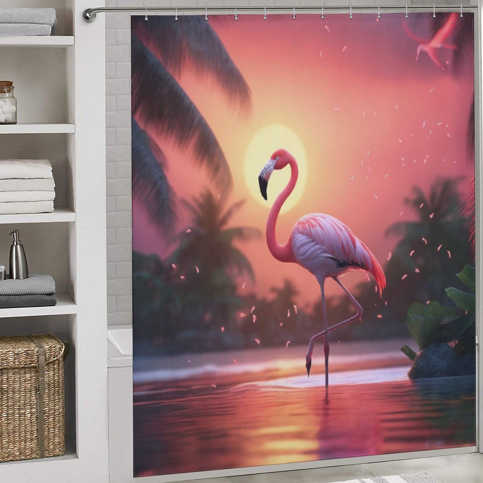 PAZZK Flamingo Shower Curtains, Shower Curtain with 12 Hooks, Waterproof, Quick-Drying, Washable, Shower Curtains for Wet Room, Bathroom 72x72Inch (183x183cm)