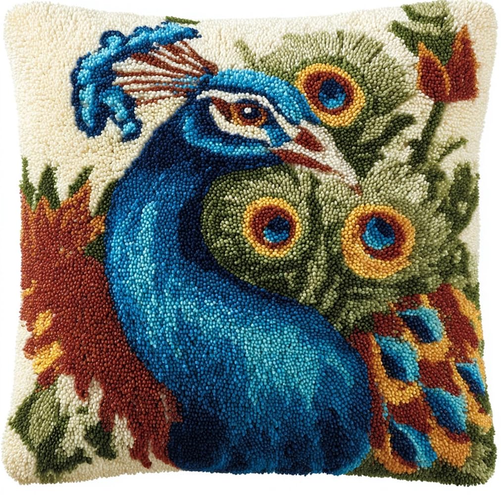 kitphoenix 3D Pillow Latch Hook Embroidery Kits Peacock Pattern DIY Pillow Materials Package Crocheting Rug Yarn Cushion Embroidery Set Fit for Beginners Embroidery Kit Pillowcase Cushion 17X17Inch