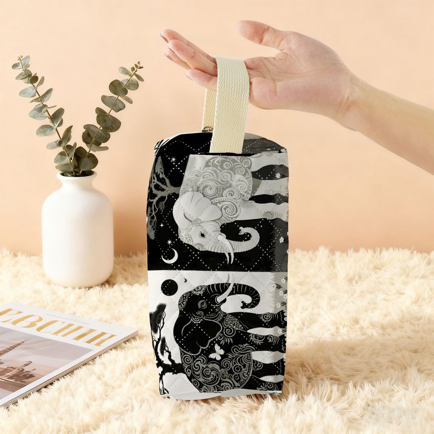 Yin & Yang Elephant Printed Quilted Makeup Bag for Women - Velvety Polyester Cosmetic Organizer w/Triple Compartments, Travel & Makeup Brush Holder - Image 6