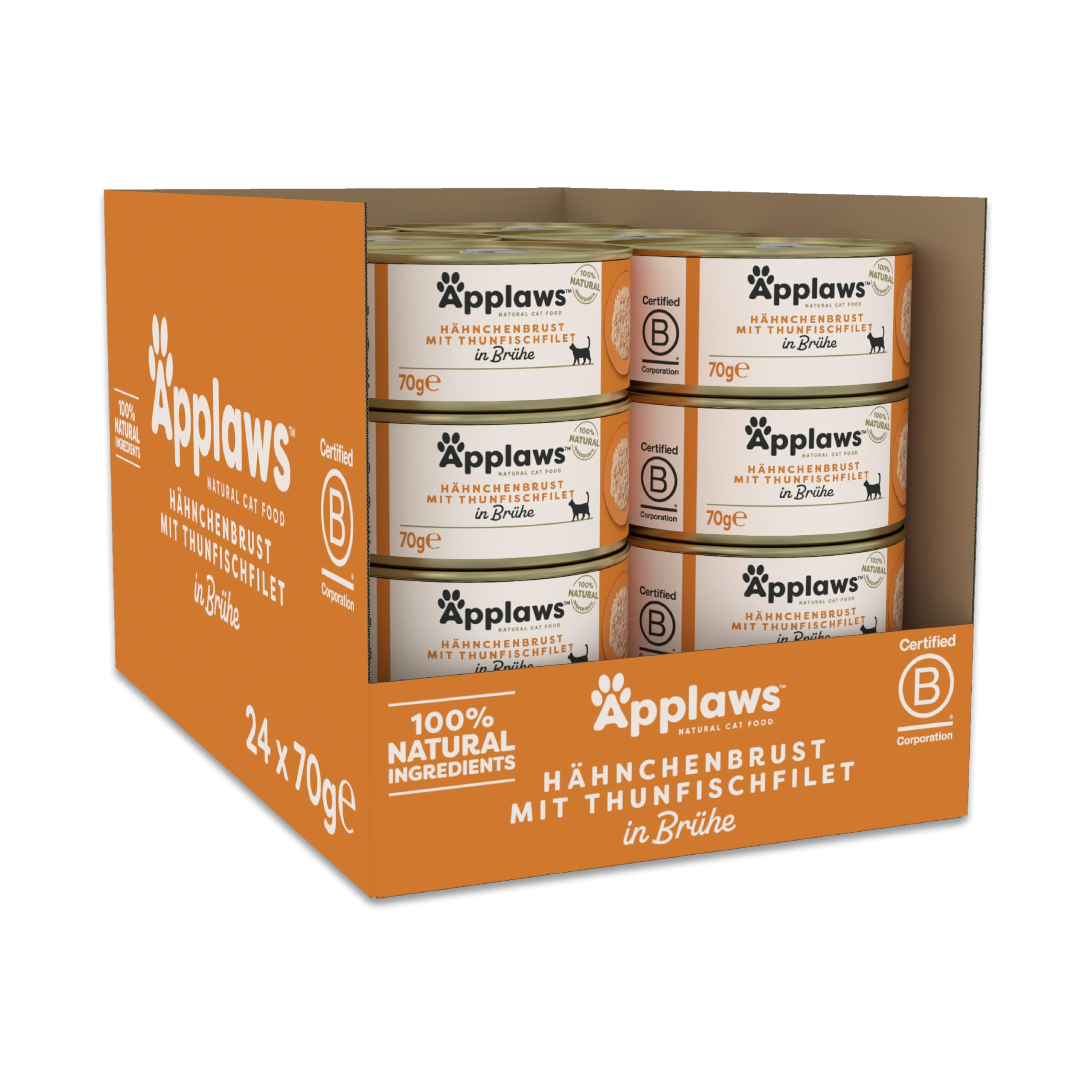 Applaws Natürliches Nassfutter für Katzen, Hähnchen mit Thunfisch in Brühe - 24 x 70 g