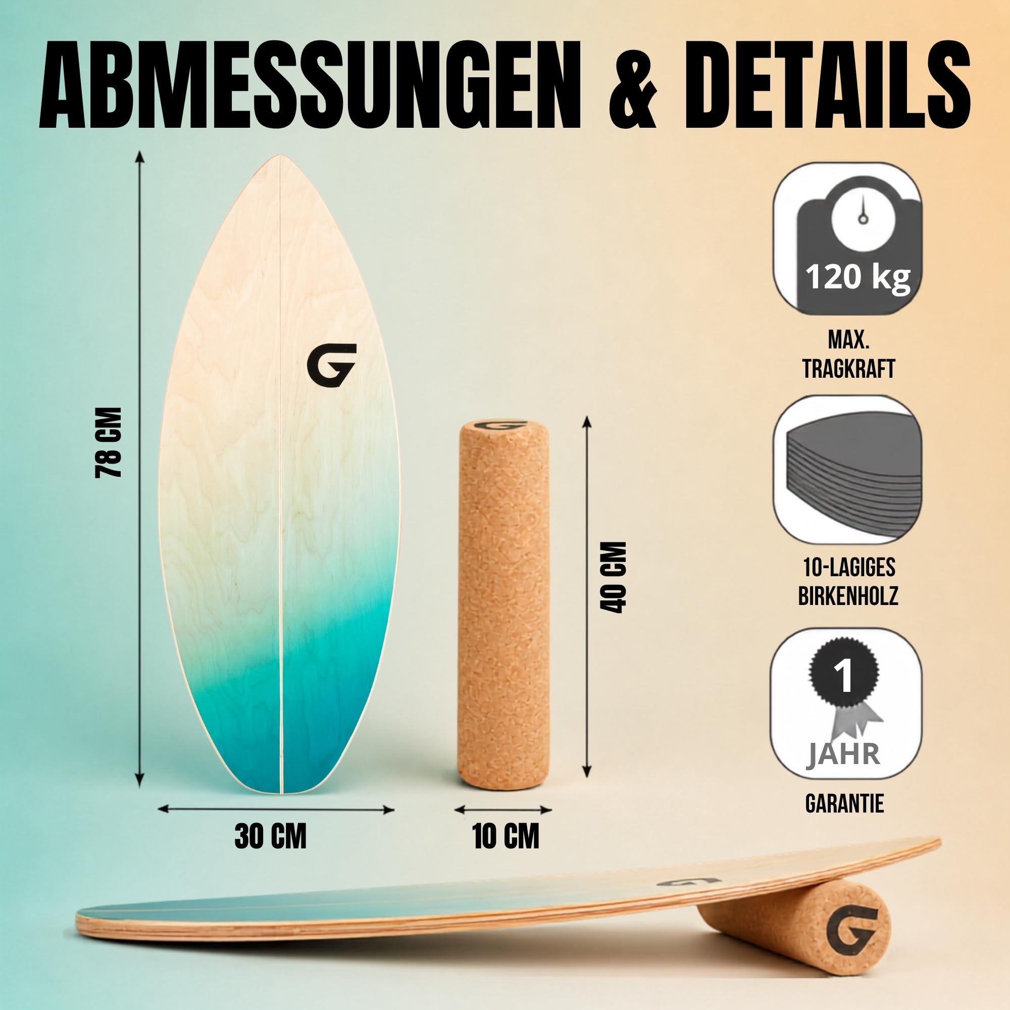 Glory Boards® Balance Board – Handmade - 100% Birkenholz - Inklusive Korkrolle - Optimal für Gleichgewichts- & Krafttraining, Für Einsteiger & Fortgeschrittene, Indoor & Outdoor – Erwachsene & Kinder