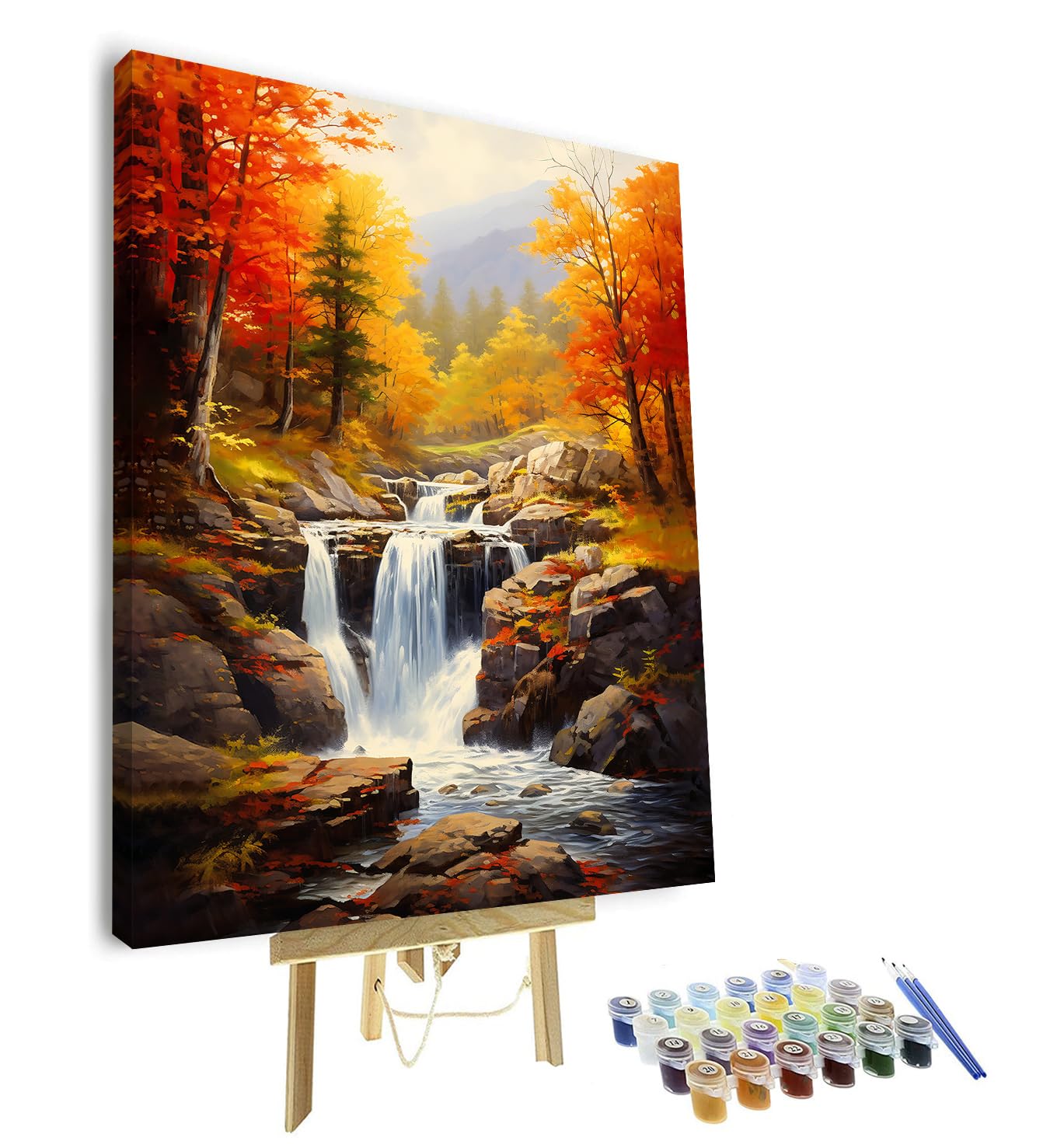 TISHIRON DIY Paint by Number, Waterfall Paint by Numbers for Adults, Abstract Adult Paint by Numbers on Canvas Wall Art, Woods Trees in Fall Paint by Numbers for Adults, 16x20 inch(Framed)