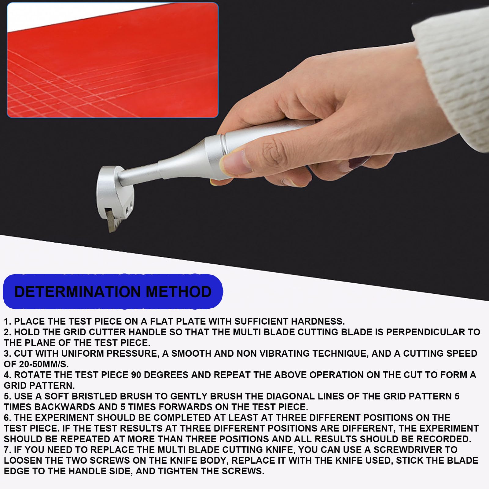 Medidor de Adherencia con Rayado en Cruz, Rascador de Película de Pintura con Cuchillas de 1 mm/2 mm/3 mm, Lupa, Mango, Cepillo y Cinta Adhesiva de 3 m, para Superficies Pintadas, Recubiertas, Chapada