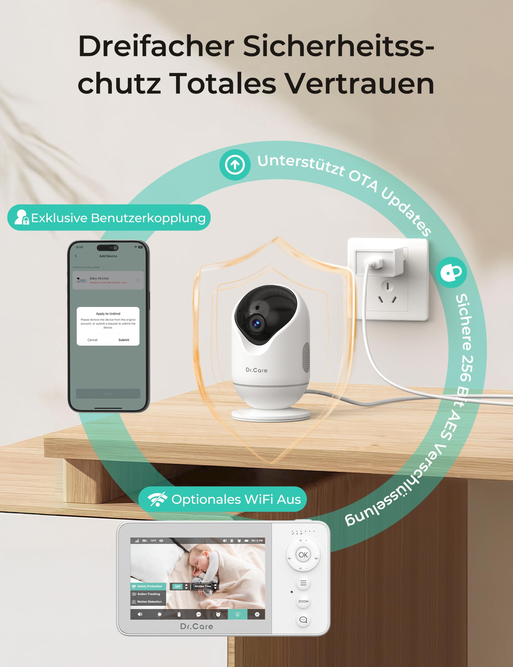 Dr.Care VistaView Lite RB Smart WLAN Babyphone mit Kamera - 4" 720P Split-Screen, 1080P Kamera, App-Steuerung, Nachtsicht, 2500mAh Herausnehmbare Batterie, 2-Wege-Audio, Bewegungsalarme
