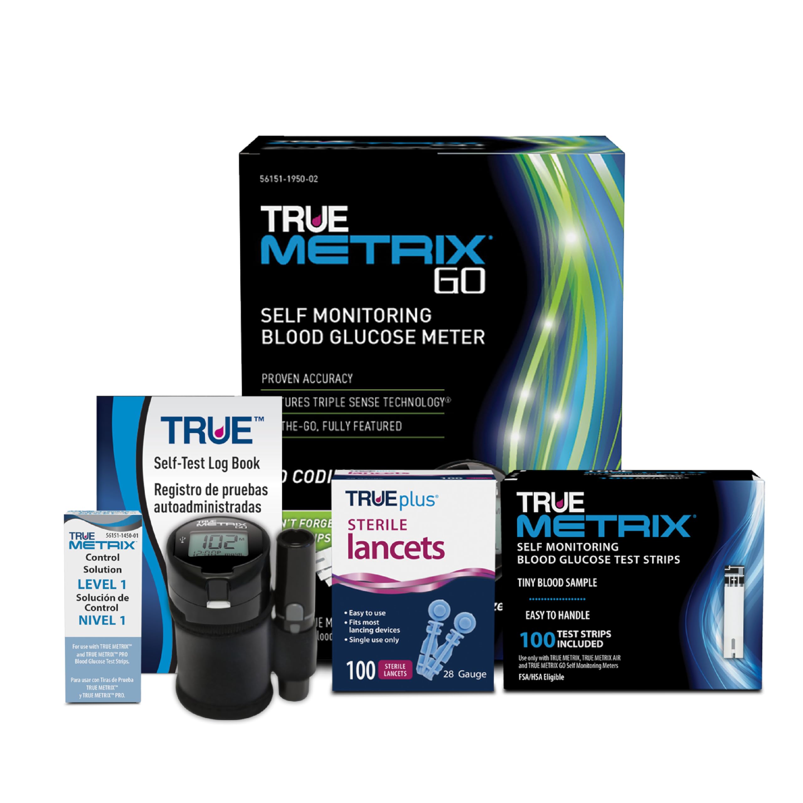 TRUE METRIX GO Meter Starter Kit - Blood Glucose Meter, Case, 100 Test Strips, 100 Lancets, Control Solution, Log Book - Fast, Easy Testing Supplies for Home Use and Travel