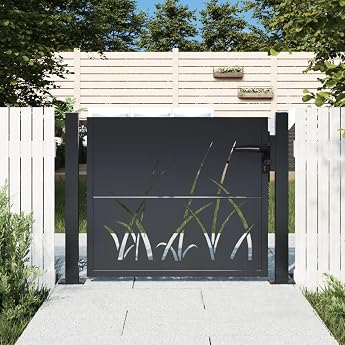 Garden Gate Anthracite 105 x 80 cm Steel Grass Design Garden Door with Lockable Yard Gate Entrance Gate for Patio Gate Fence Gate Garden Gate