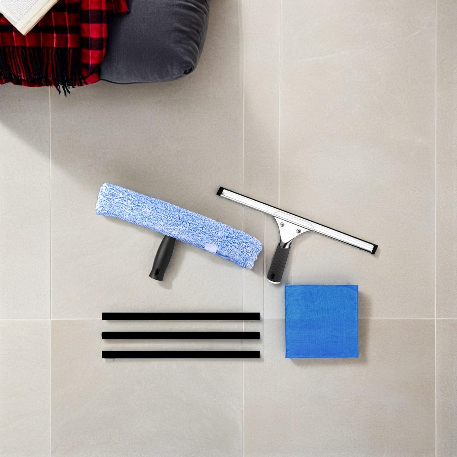 Kit Limpiador de Ventanas Multiuso Escobilla de Goma Negra, Soporte T Negro Cabezal de Microfibra Estrellado, Paño Azul 30x30 Cm y 3 Tiras de Goma 35 Cm para Hogar, Baño y Coche