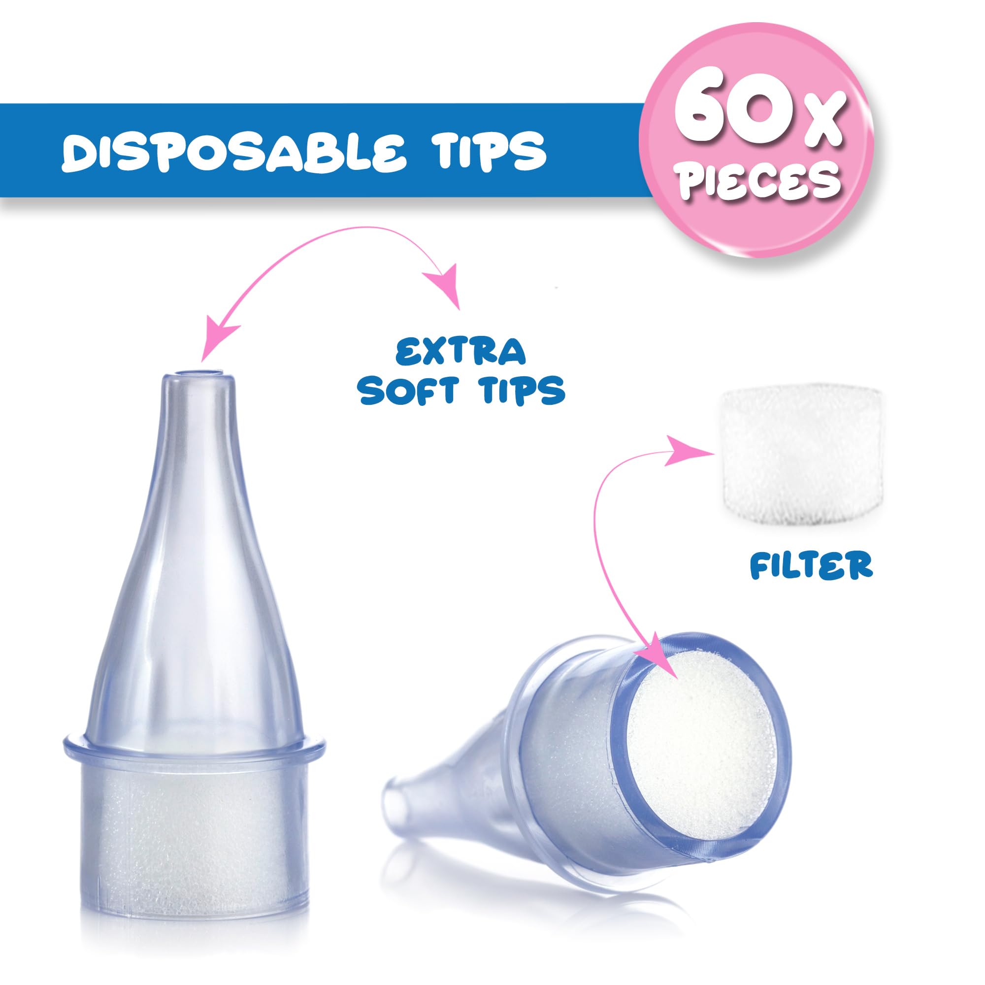 Optinell 60 Ricambi Morbidi per Aspiratore Nasale Neonato e Bambini – Beccucci Usa e Getta con Filtro Igienico per Aspiramuco – Extra Soft Tips, Igiene Nasale e Lavaggi Nasali (60 Pezzi, 60, unità)