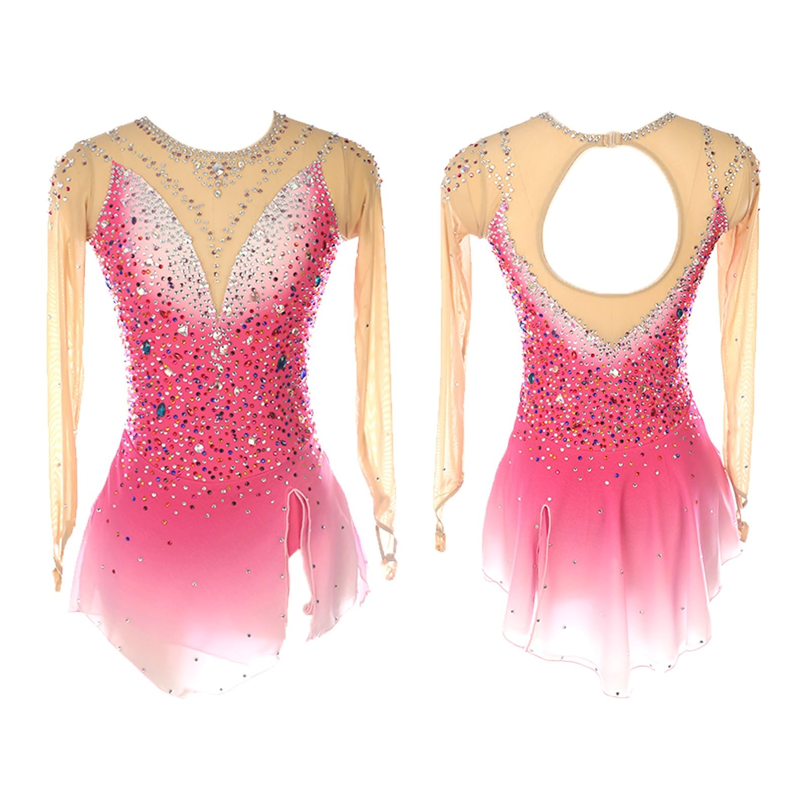Abito Da Pattinaggio Artistico For Bambine, Abito Da Gara Di Danza Sul Ghiaccio Con Maniche Lunghe In Rete E Strass Scintillanti