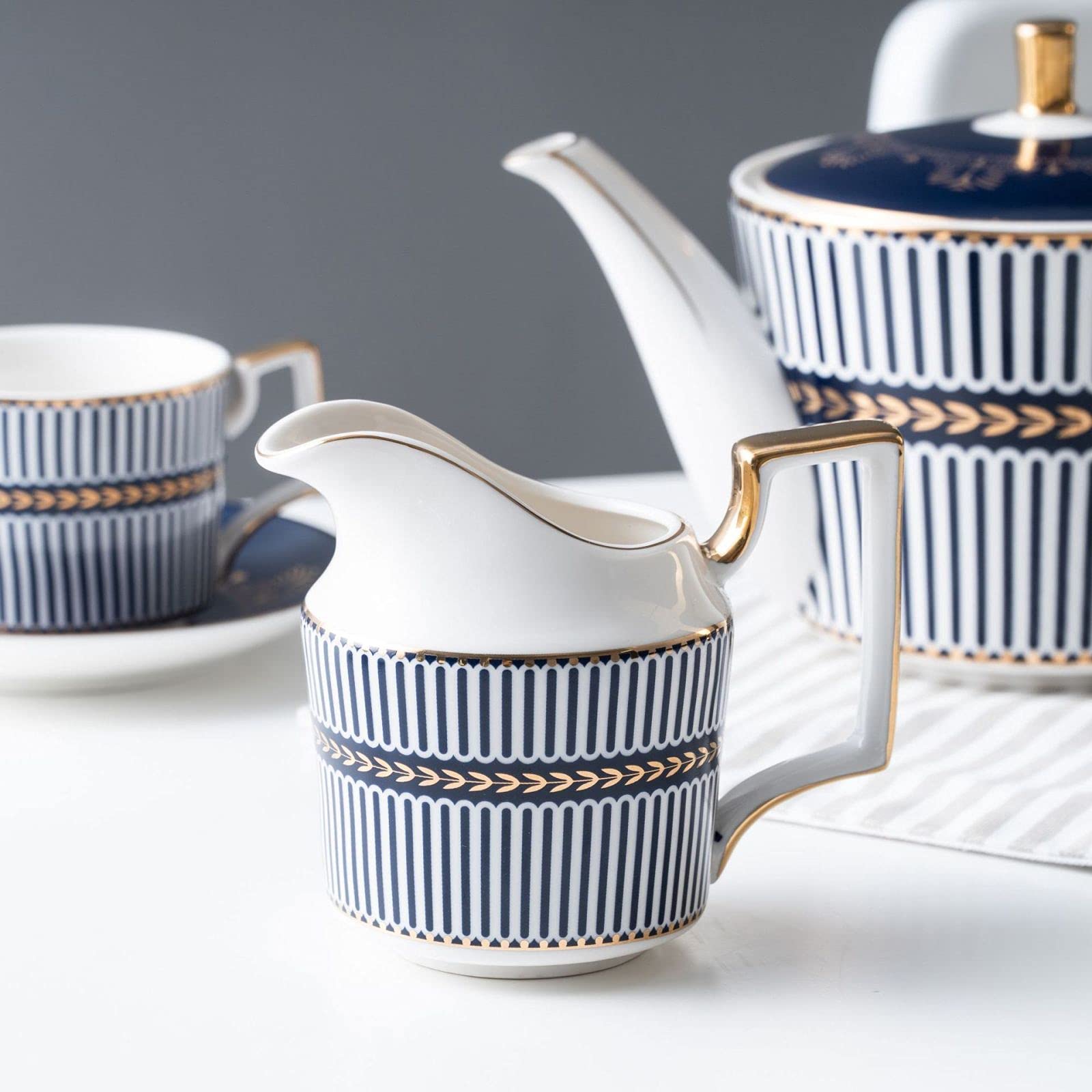 zestaw do herbaty, 11 szt. Porcelanowy zestaw do herbaty Zestawy filiżanek i spodków kawy Zestaw Serwis herbaciany Niebieskie paski Czajniczek, Cukiernica, Dzbanek śmietanki