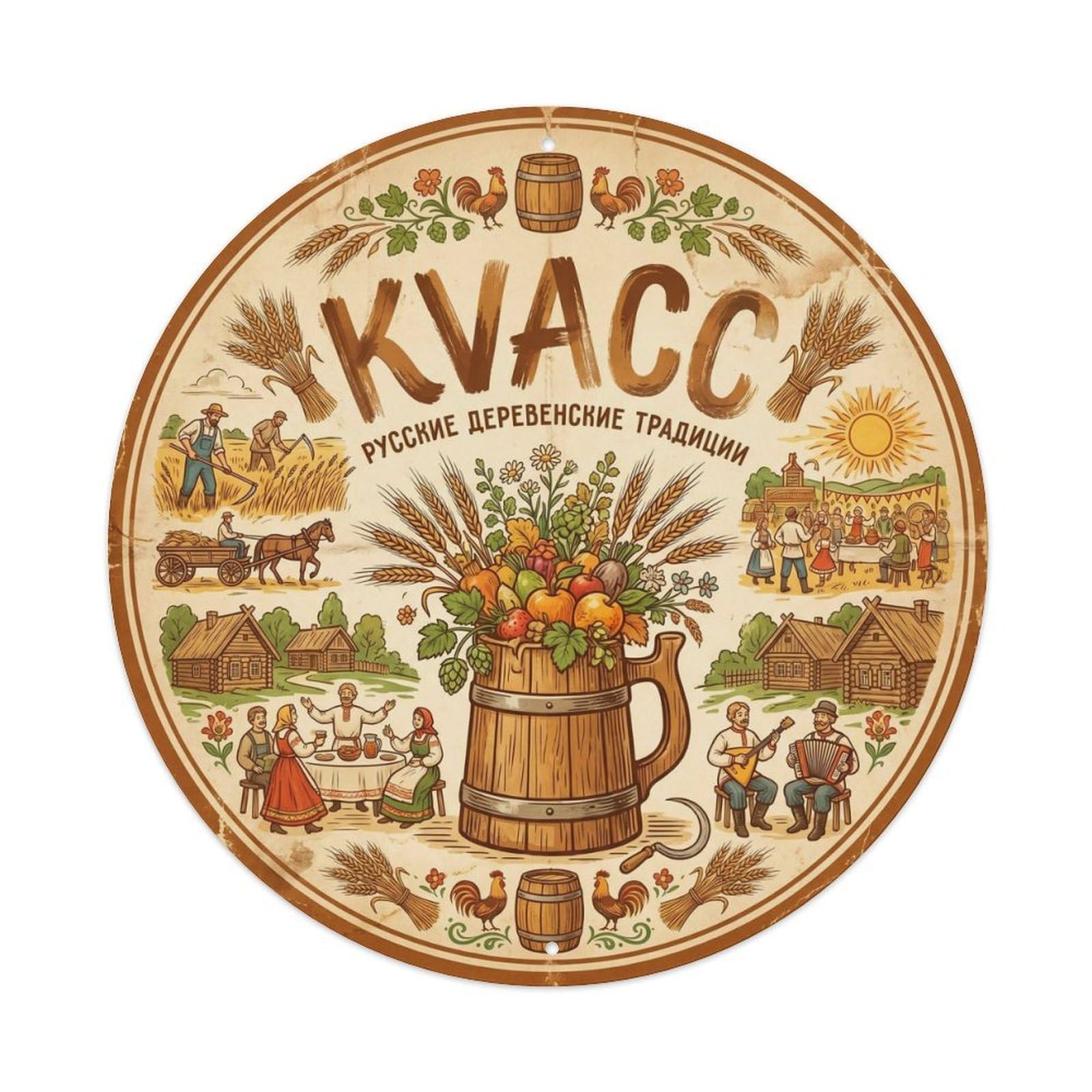 Kvass Fermented Drink Brew Beer Hall Retro Hops Malt Metal Tin Sign
