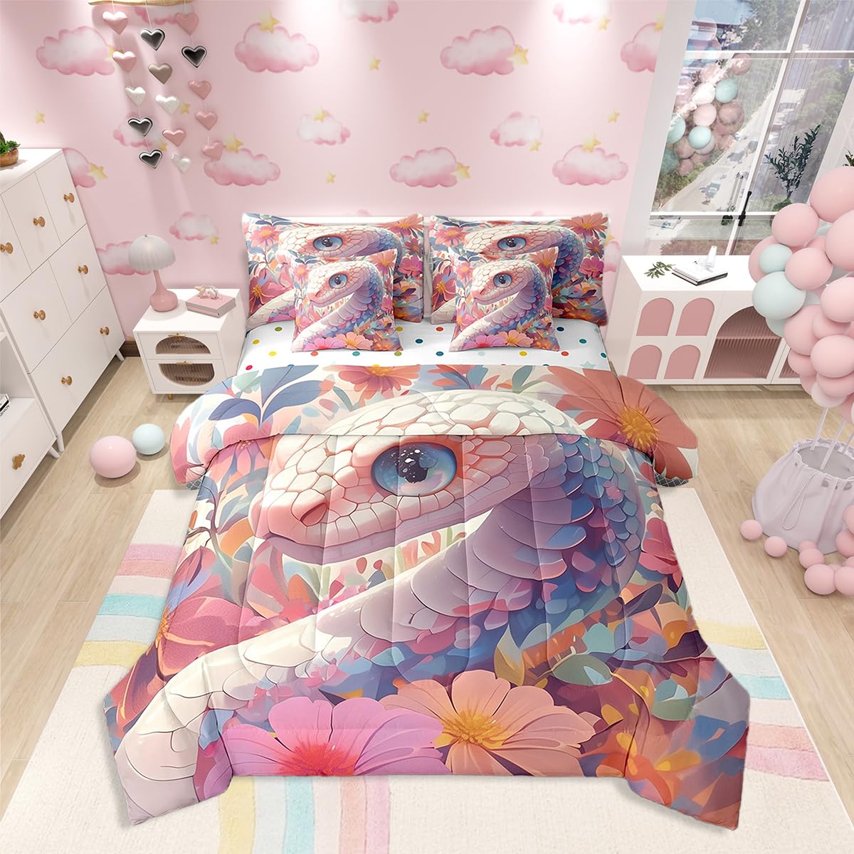 Castle Fairy Kawaii Snake Comforter Set,Cartoon Tropical Animal 7 Piece Bed Set Twin Size for Kids,Watercolor Daisy Floral Bed in a Bag Bedding Set