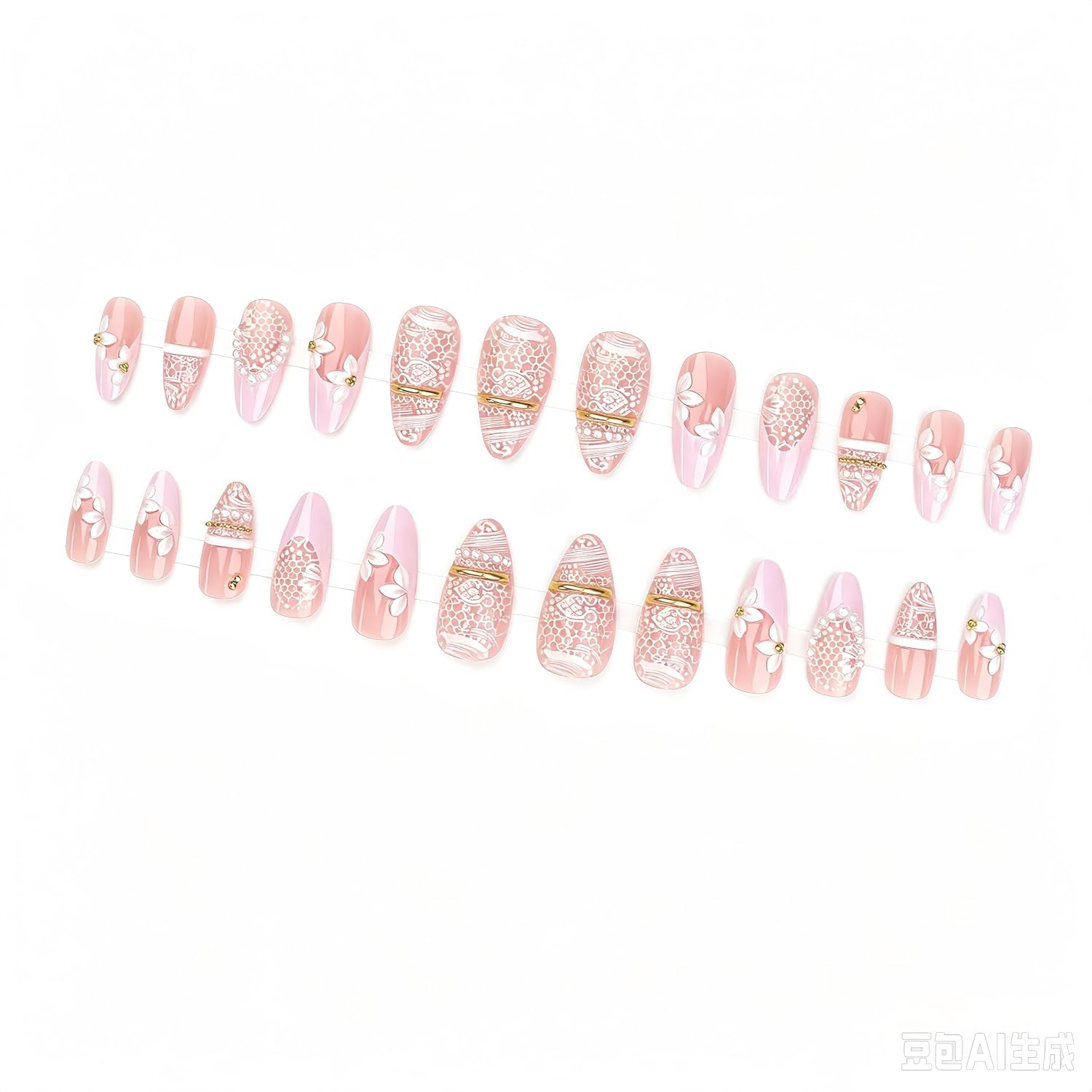 24Pcs French Tip Press on Nails Medium Almond Fake Nails 3D Flower with Pearl Lace Gold Beads Bangle Designs Pink French Tip Acrylic Glue On Nails Full Cover Fall Winter Glossy Stick on Nail for Women image 4