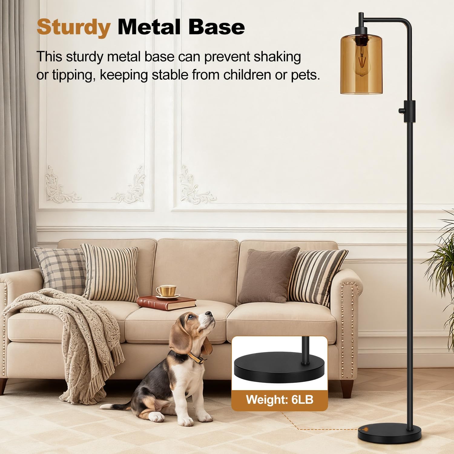 【Upgraded】Dimmable Floor Lamps for Living Room with Amber Glass Shade, Modern Industrial Floor Lamp with 900LM Bulb Included, Glass Standing Tall Lamp for Bedroom, Office, Reading Room, Corner, Black thumbnail