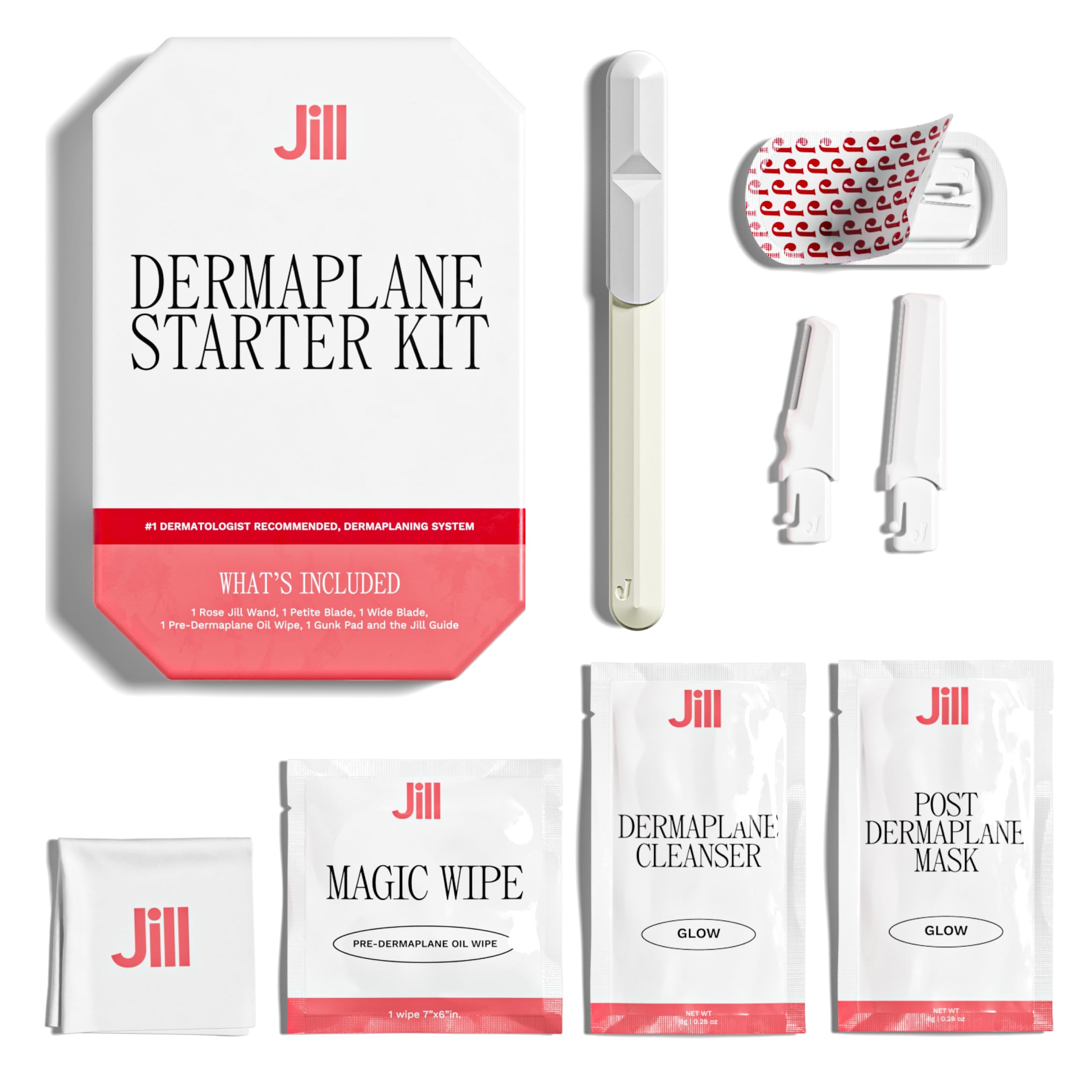 Jill Dermaplane Starter Kit for Women in Cream  Facial Razor & Exfoliating Blade Set with Pre-Shave Magic Wipe, Gentle Skin Cleanser, Glow Moisturizer & 2 Disposable Dermaplane Blades Beige