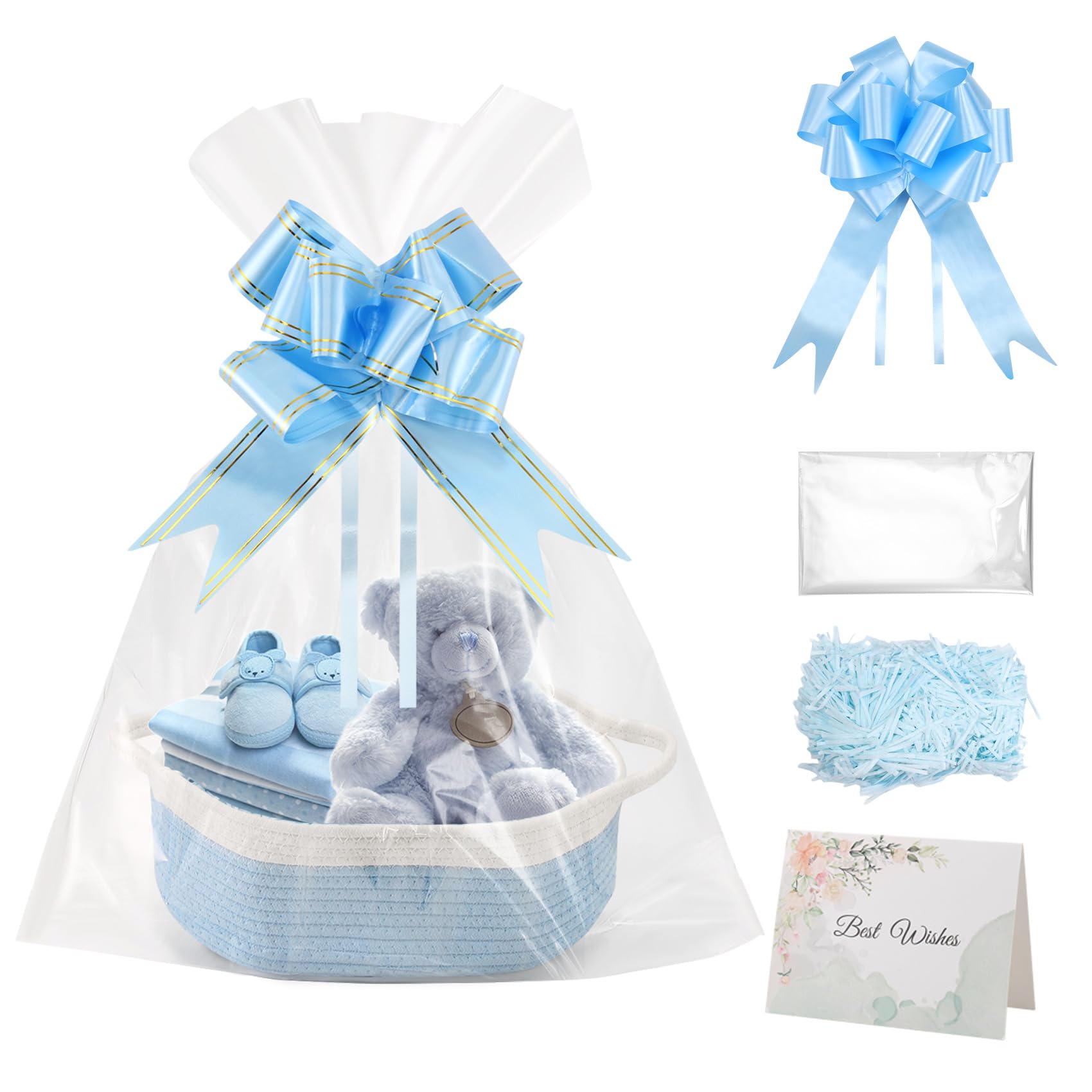 Nagoyuki Gift Basket Hamper Kit,Rope Basket Empty Baby Gift Baskets Kit with Bows Cellophane Bags Greeting Cards Shredded Paper Woven Baskets for Baby Shower,Wedding, Birthday (Blue)