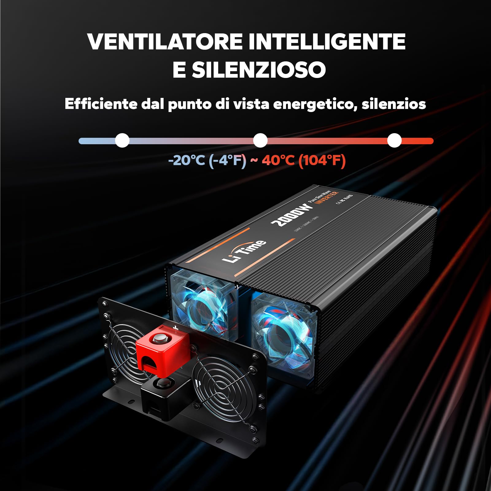 LiTime 2000W Inverter a Onda Sinusoidale Pura, Inverter con Prese di Corrente 2*AC, Schermo di Monitoraggio per lo Stato in Tempo Reale, Convertitore da 12VDC a 230VAC, per Caravanning