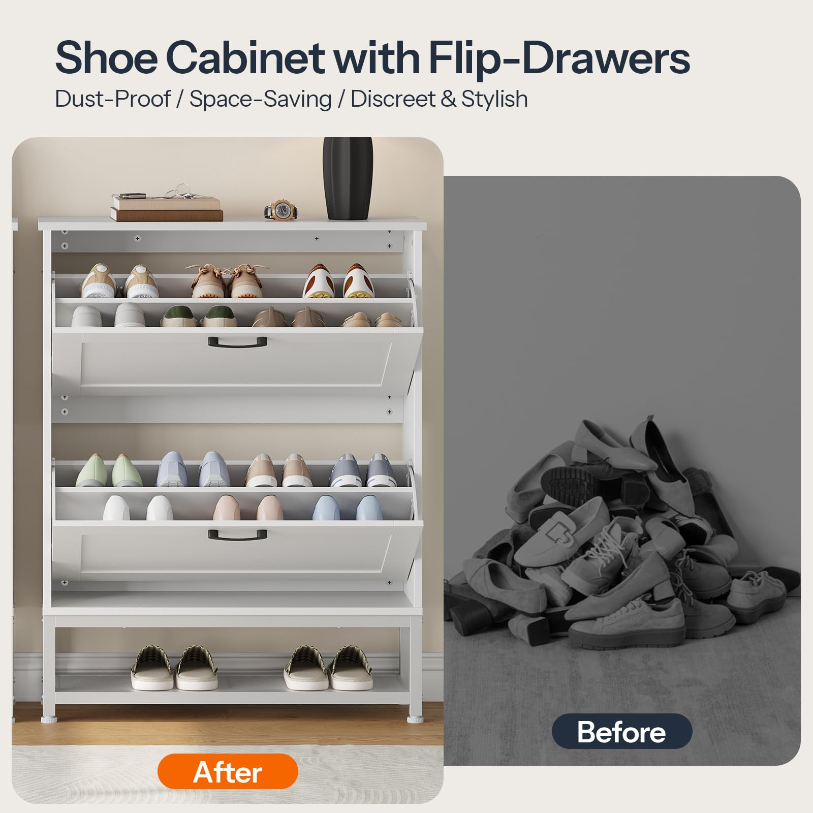 HOOBRO Zapatero Estrecho, Zapatero con Cajones Abatibles, Estilo Rústico | Dos Cajones Abatibles y Rejilla, 80 x 24 x 103 cm, Zapatero Estrecho para Recibidor, Vestíbulo, Sala o Vestidor, Blanco