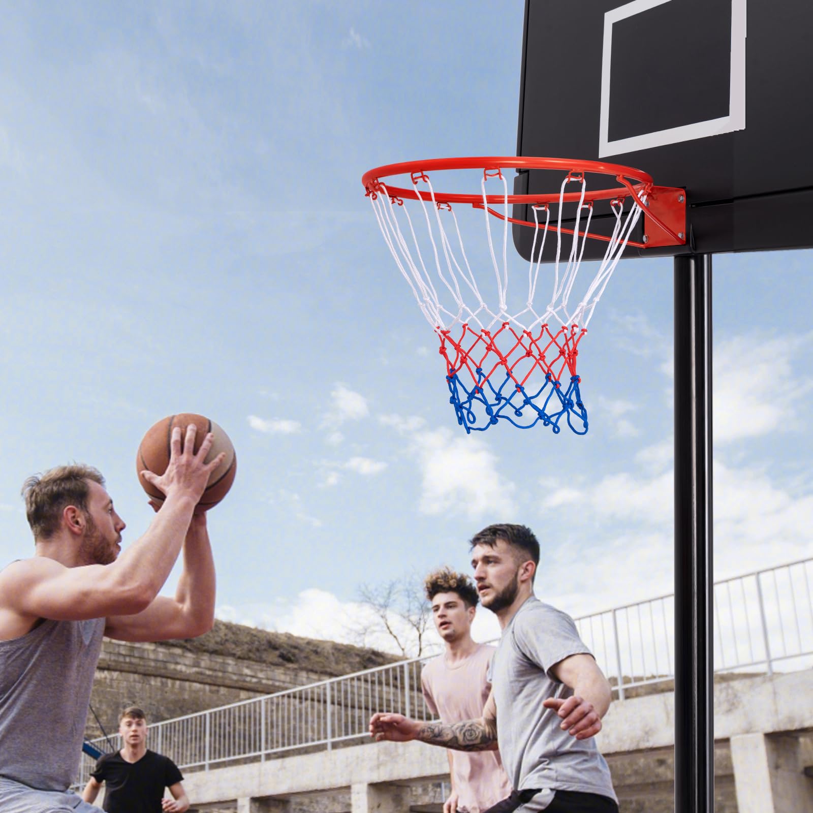 GYMAX Aro de Baloncesto de 45 cm / 37 cm, A Montado en la Puerta de la Pared, Aro de Baloncesto de Repuesto para Todo Clima con Red, Aro de Baloncesto Colgante para Interiores y Exteriores