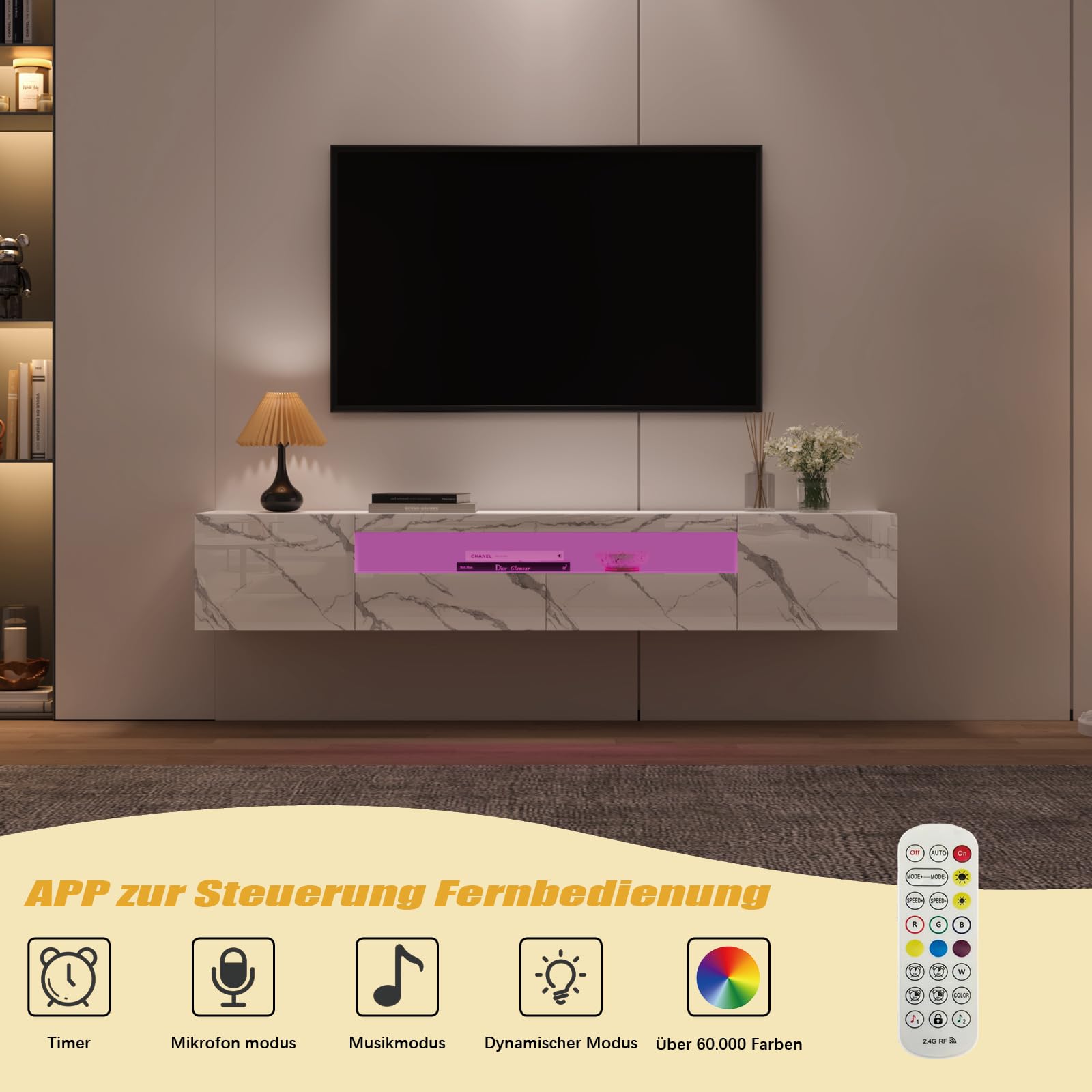 KEEPREAPER TV-Schrank, Lowboard mit LED-Beleuchtung, Fernsehtisch hängend, Fernsehschrank Hochglanz, für Fernseher bis zu 85 Zoll, für Wohnzimmer, 180 x 35 x 30cm (Weiß marmor)
