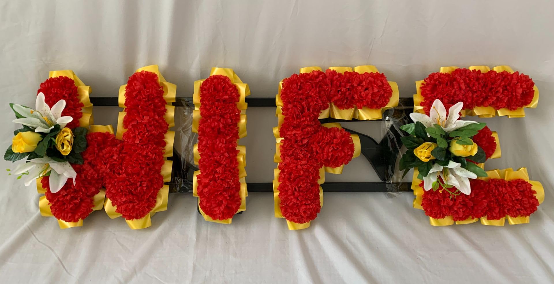 Silky Bouquets Wife Artificial Silk Funeral Flower Any 4 Letter Tribute Name Wreath Memorial (White)