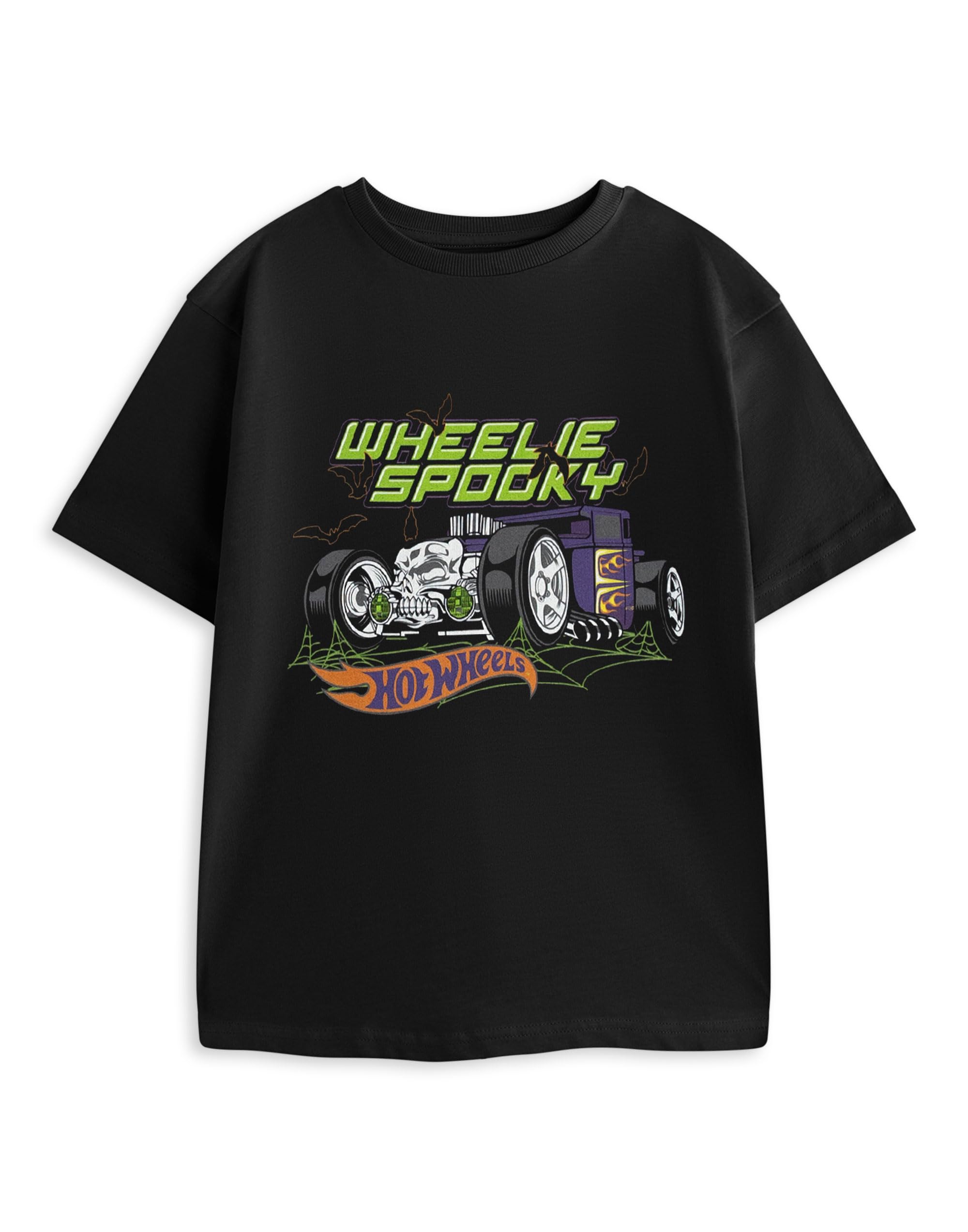 Hot Wheels Wheelie Spooky Boys Black Short Sleeved Graphic Tee | Halloween Themed T-Shirt | Fun Top for Casual Wear | Crew Neck Style | Kids Graphic Merch - 7-8 Years