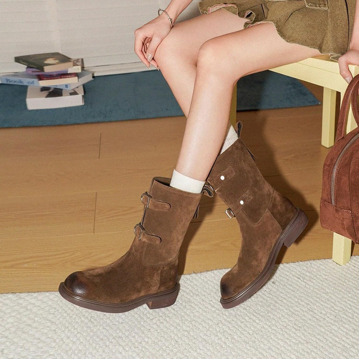 Women's Suede Low Heel Western Cowboy Distressed Mid-Calf Boot Stylish Soft Wide Calf Round Toe Pull On Non-Slip Chunky Heel Short Riding Boot Casual Fall Winter Dress Booties