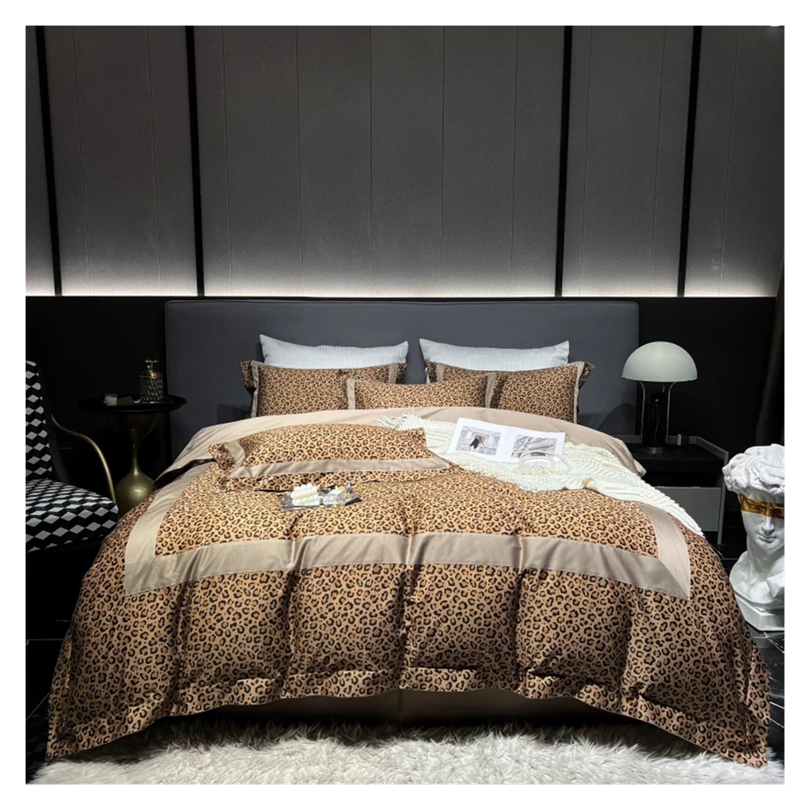 Sbcgfy Fitted Bed Sheet 1000Tc Cotton Brown Leopard Print Luxury Bedding Set Duvet Cover Set Soft Silky Quilt Cover Bed Sheet Pillowcases 4Pcs Comfortable Bedding, Bedspreads,-Queen 4Pcs