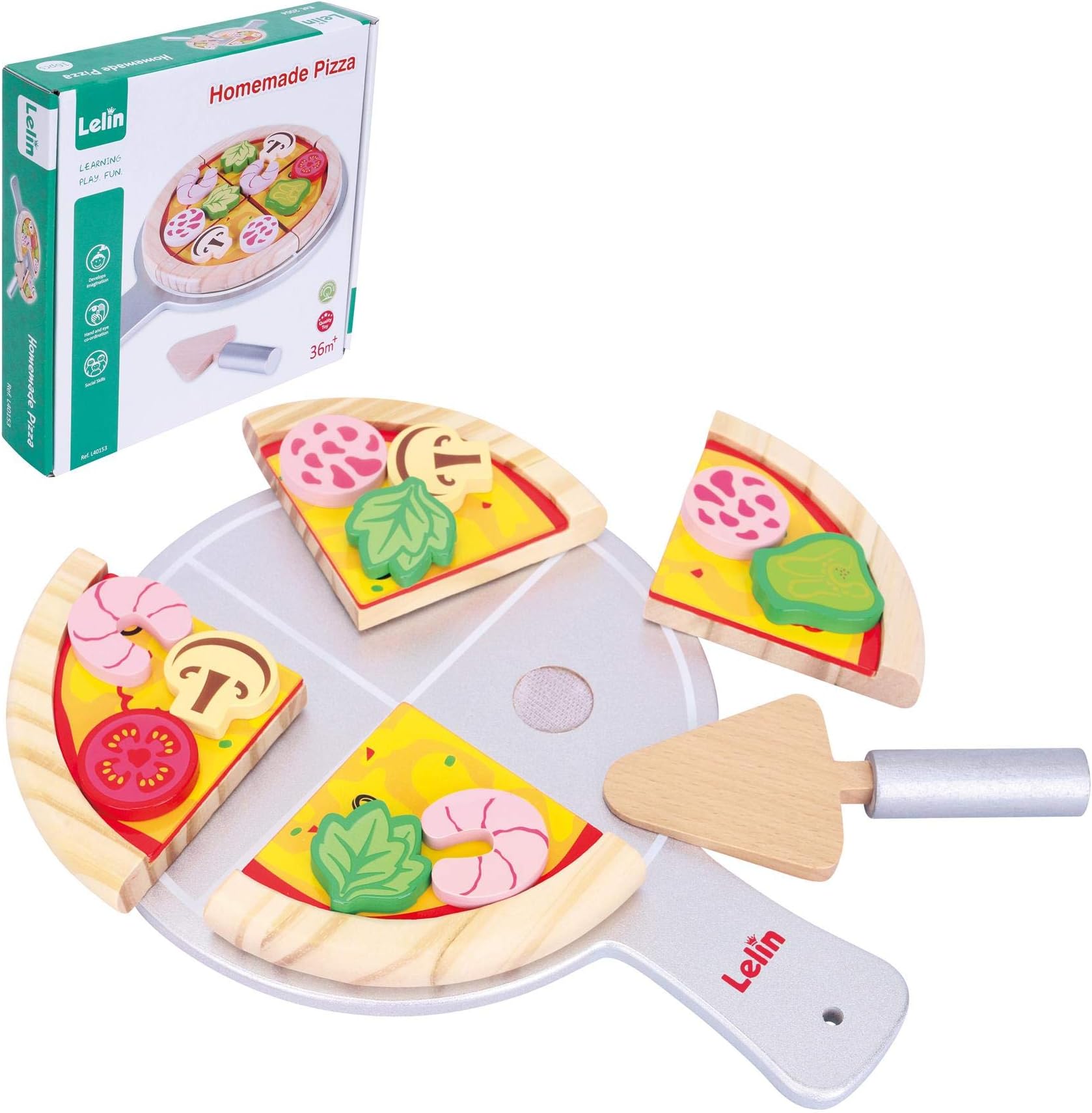 Lelin4 Slice Wooden Pizza with Toppings Toy for Kids โ Homemade Pizza Fast Food Pretend Role Play Food with Serving Tray & Spatula