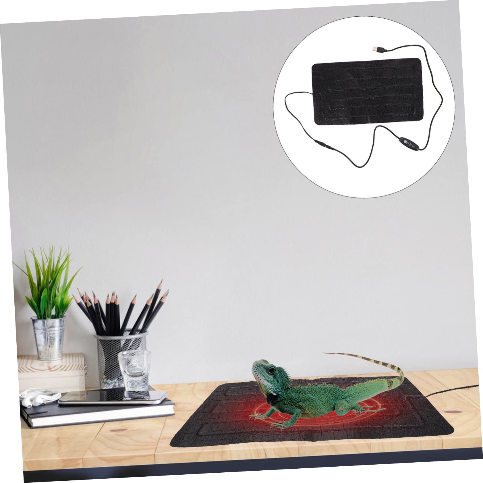 Tappetino Riscaldante Riscaldamento Elettrico Portatile per Rettili in Pelle Sintetica Nera Regolazione USB a 3 Temperature per Piccoli Animali, per Ambienti Esterni e Terrari