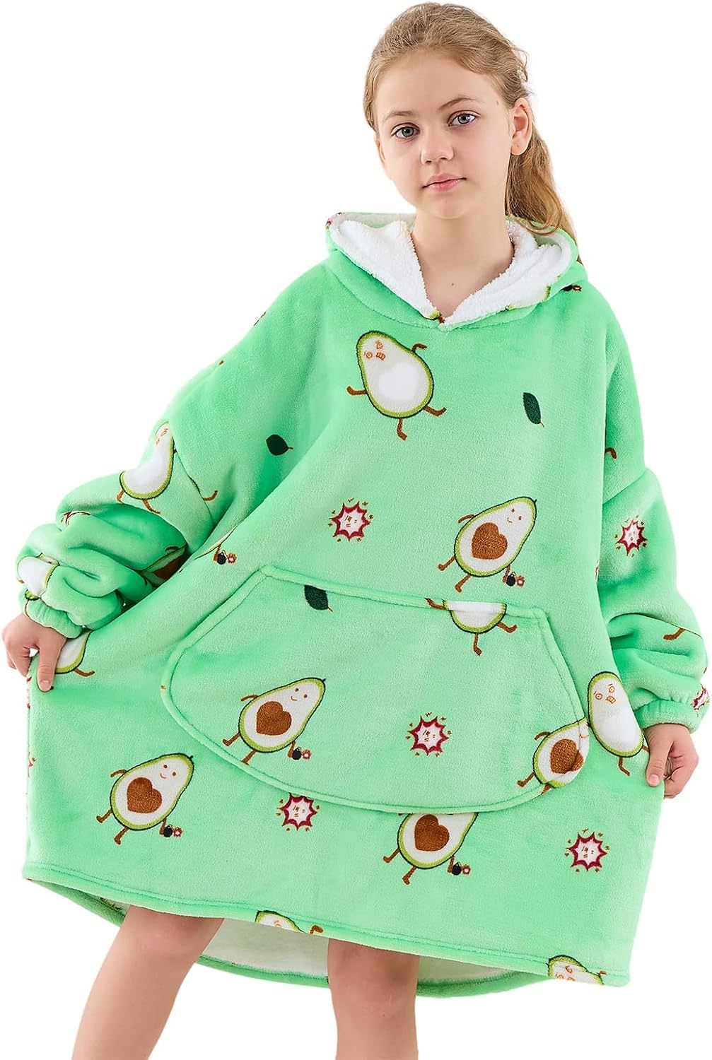 Moinlizy Wearable Blanket Hoodie for Kids 6-13Y Oversized Hooded Sherpa Blanket with Sleeves Pocket