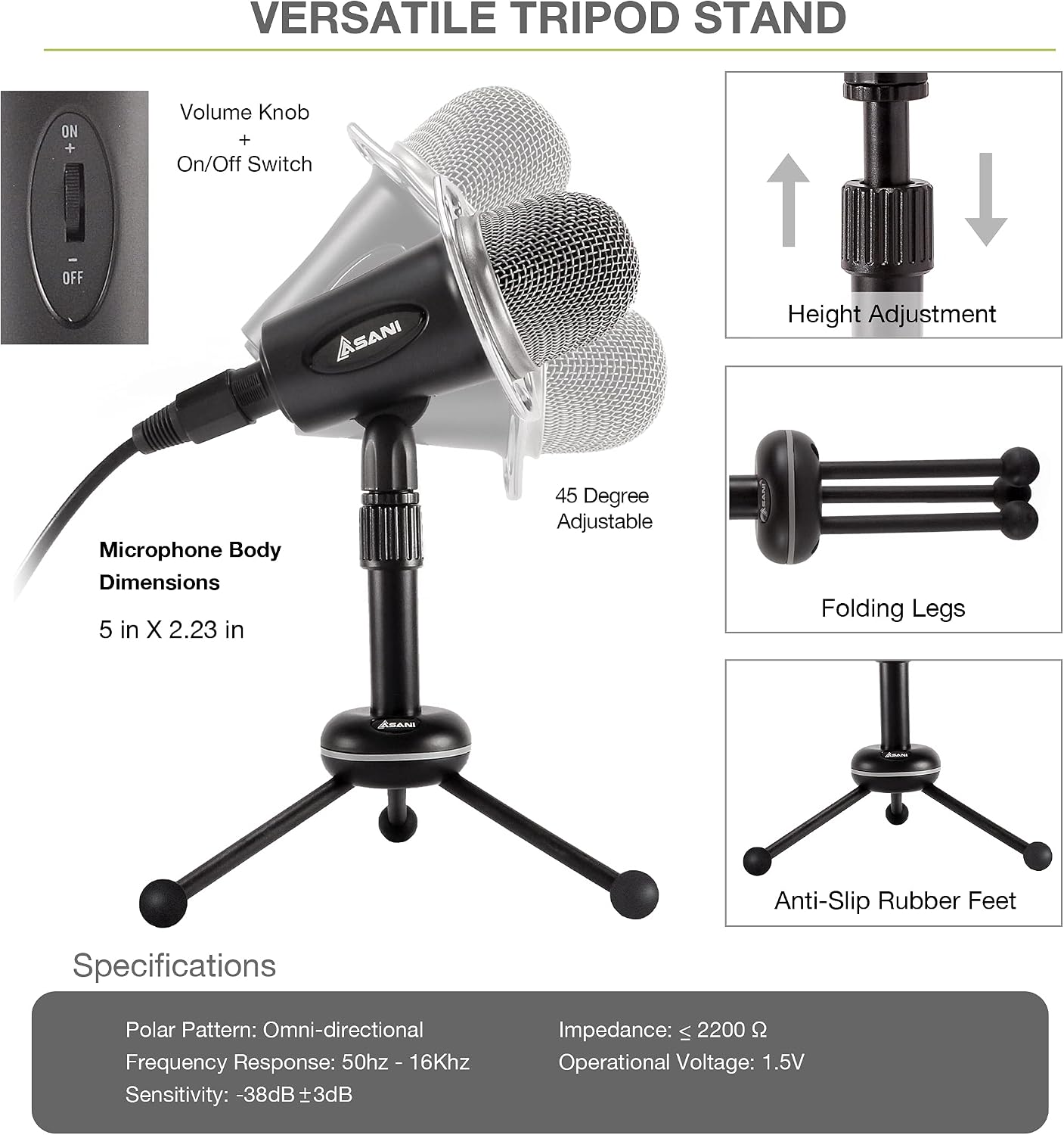 Condenser Microphone for Computer with Tripod Mic Stand, Plug and Play on Windows, Mac, iPhone and Android, 3.5mm Desktop Microphone for YouTube, Podcast, Streaming, Gaming, Recording, Conferencing